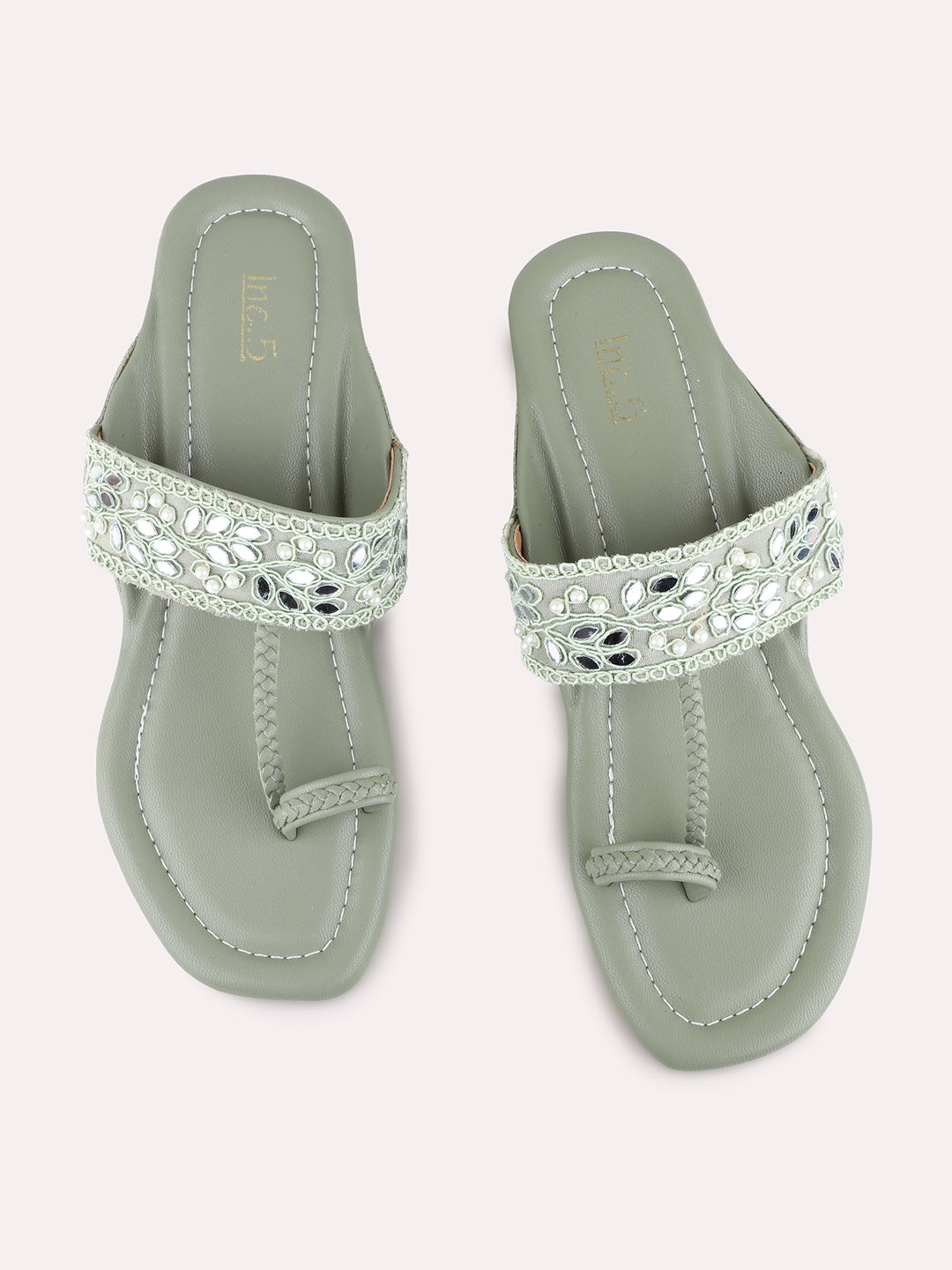 Womens Green Ethnic Wear Textured Round Toe Block Heels