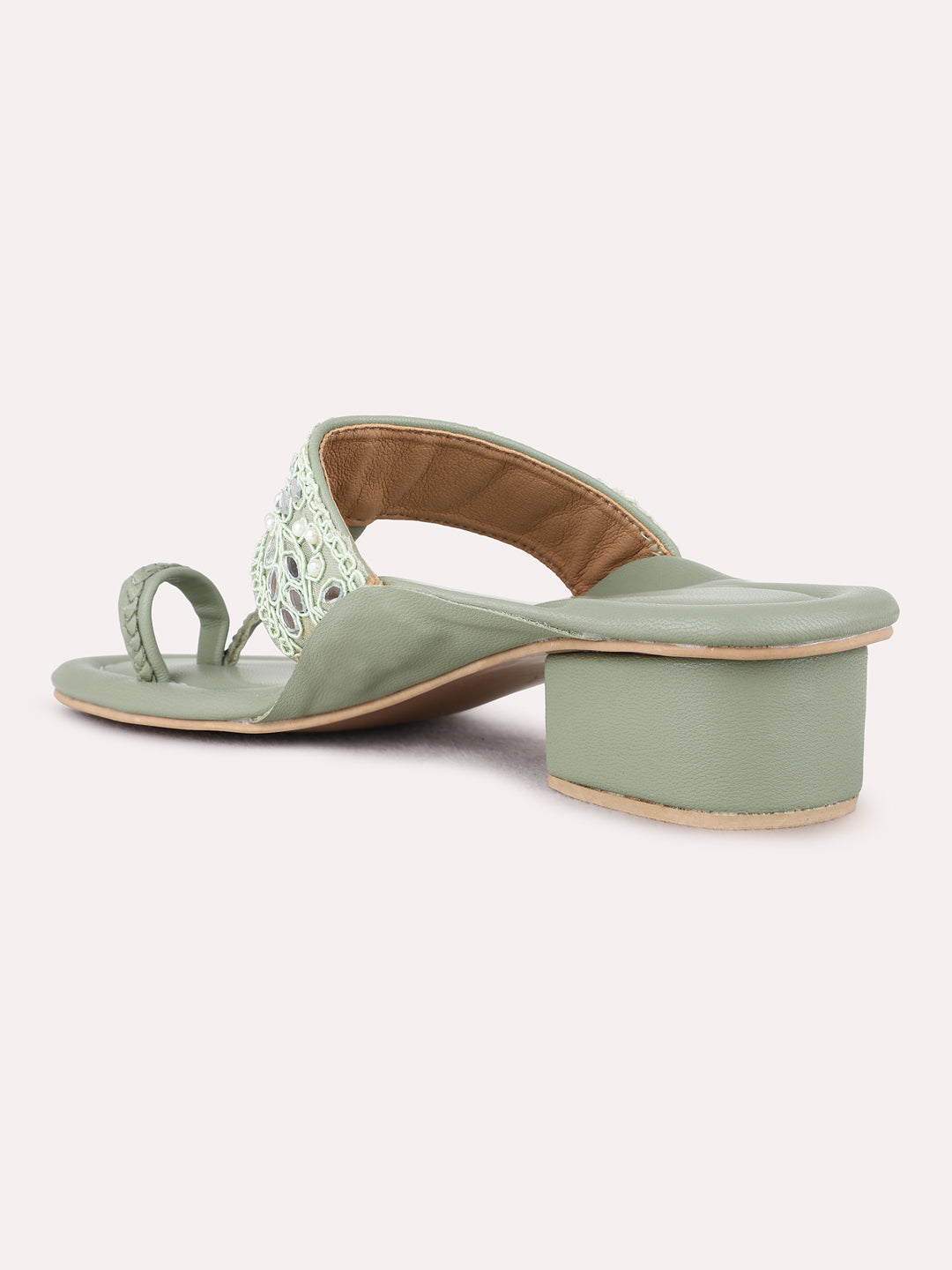 Womens Green Ethnic Wear Textured Round Toe Block Heels