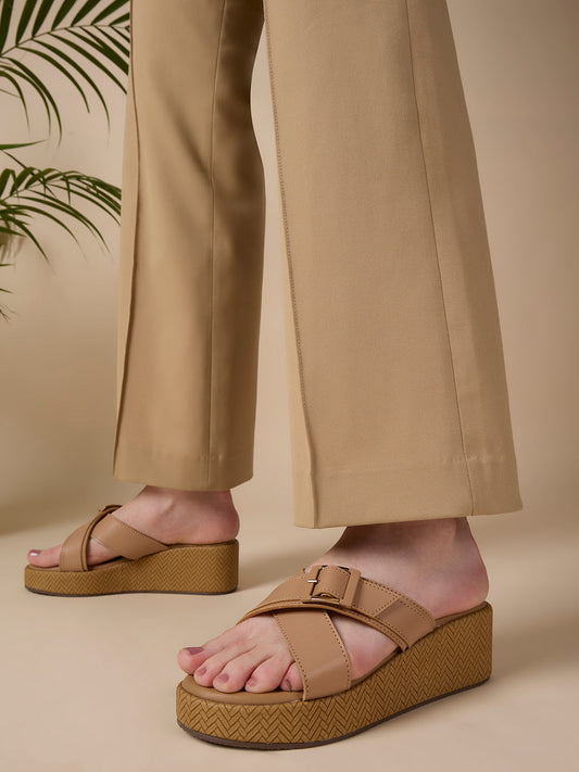 Womens Beige Party Wear Solid Round Toe Wedge Heels