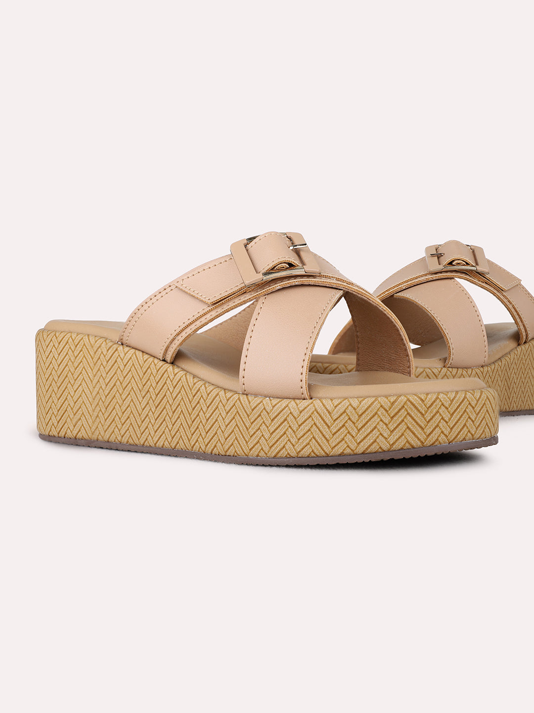 Womens Beige Party Wear Solid Round Toe Wedge Heels