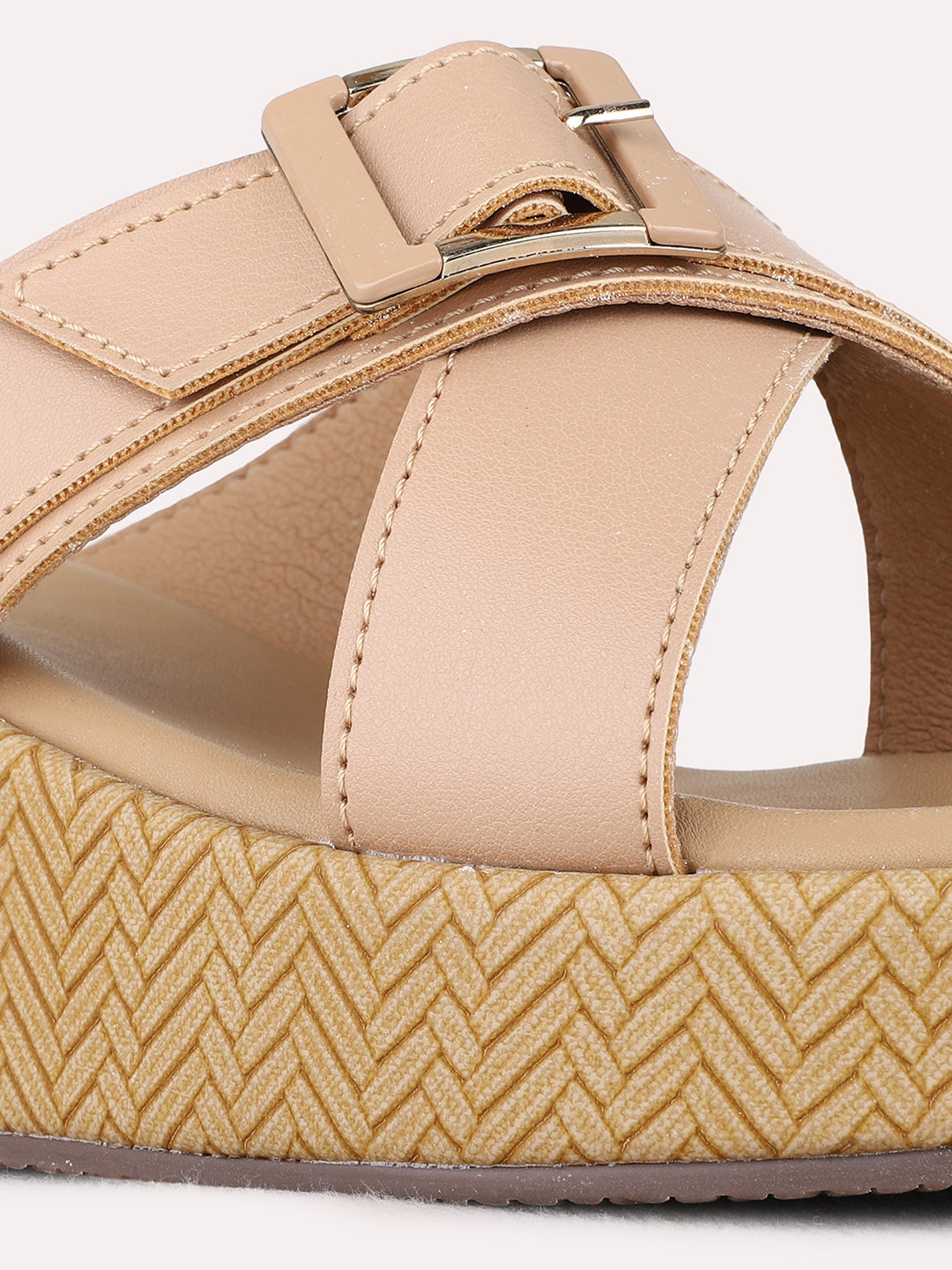 Womens Beige Party Wear Solid Round Toe Wedge Heels