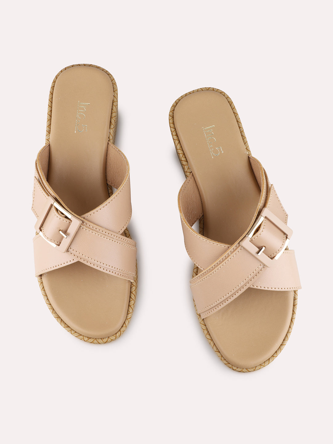 Womens Beige Party Wear Solid Round Toe Wedge Heels