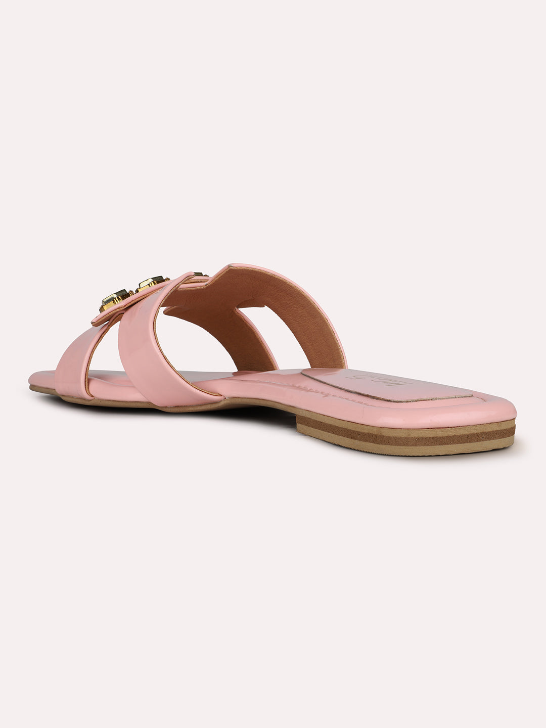 Womens Pink Solid Square Toe Casual Flat Slip-on Sandals