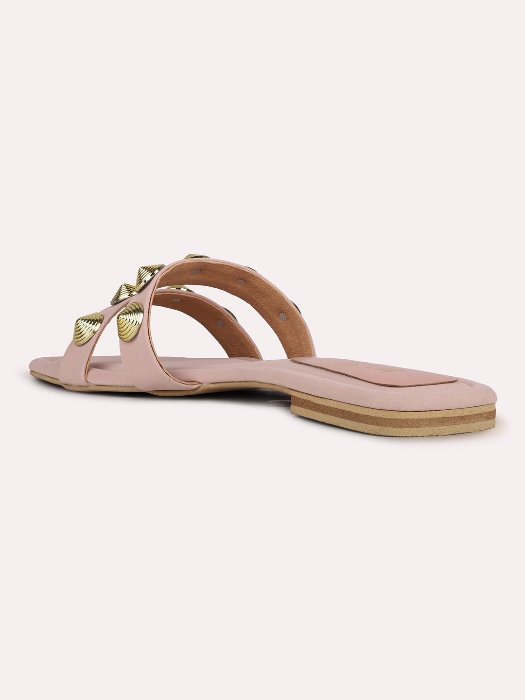 Womens Peach Solid Square Toe Casual Flat Slip-on Sandals