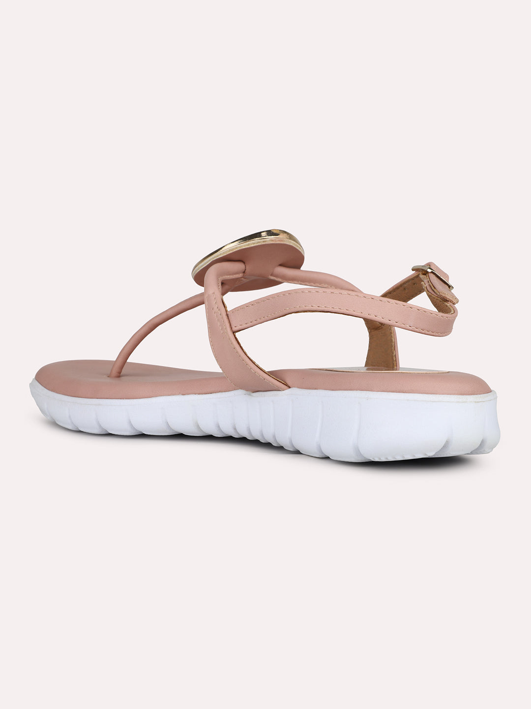 Womens Peach Solid Round Toe T-strap Fashion Sandals