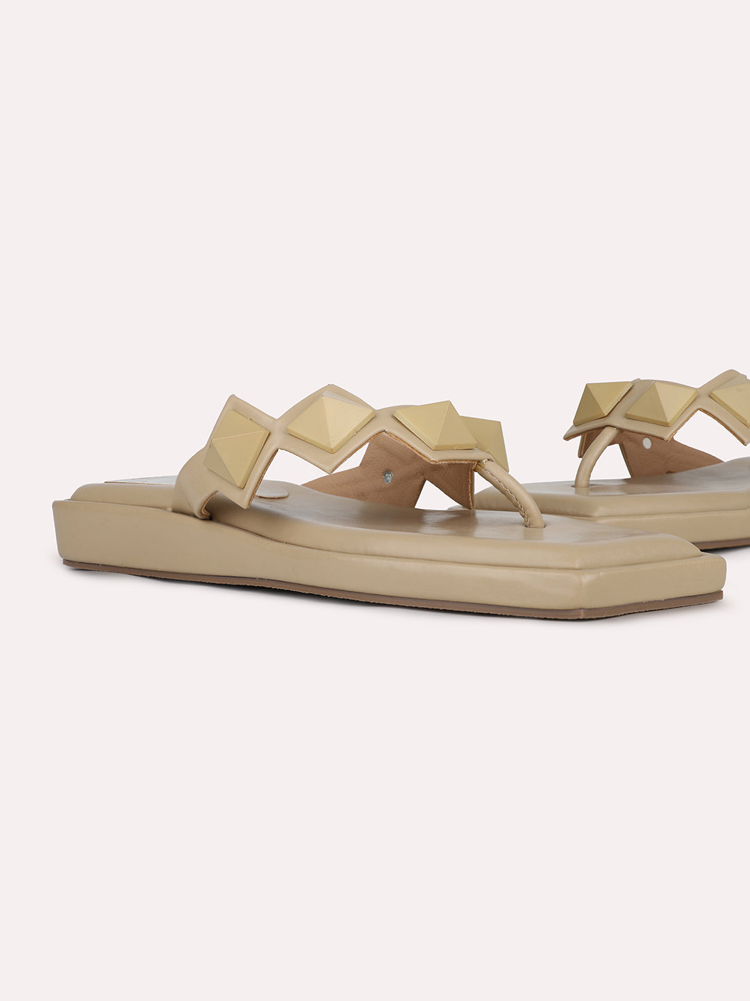 Womens Beige Embellished T-Strap Casual Flat Sandals