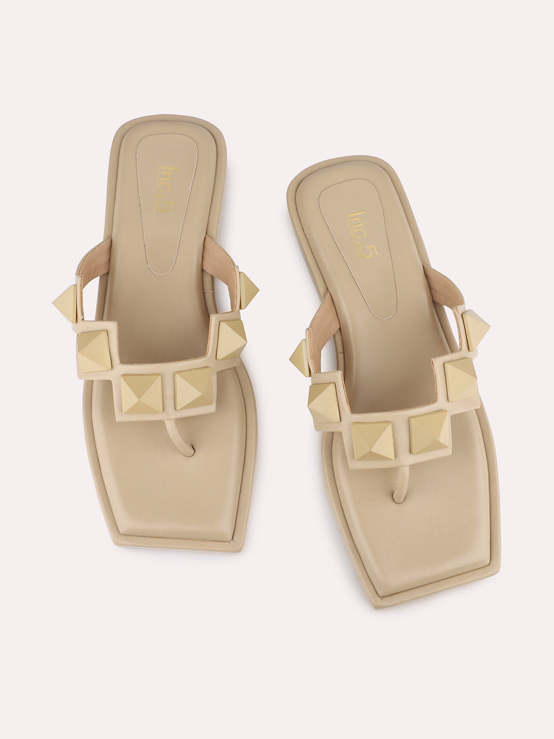 Womens Beige Embellished T-Strap Casual Flat Sandals