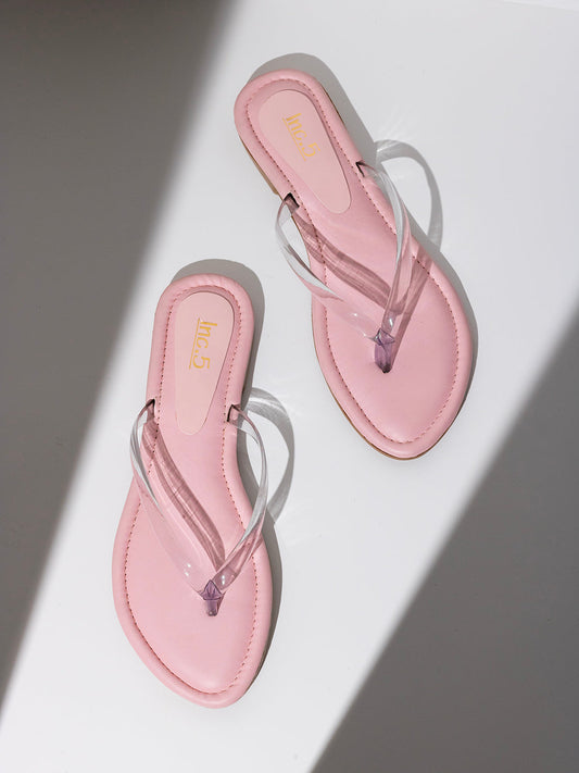 Womens Pink Transparent T-Strap Casual Flat Sandals