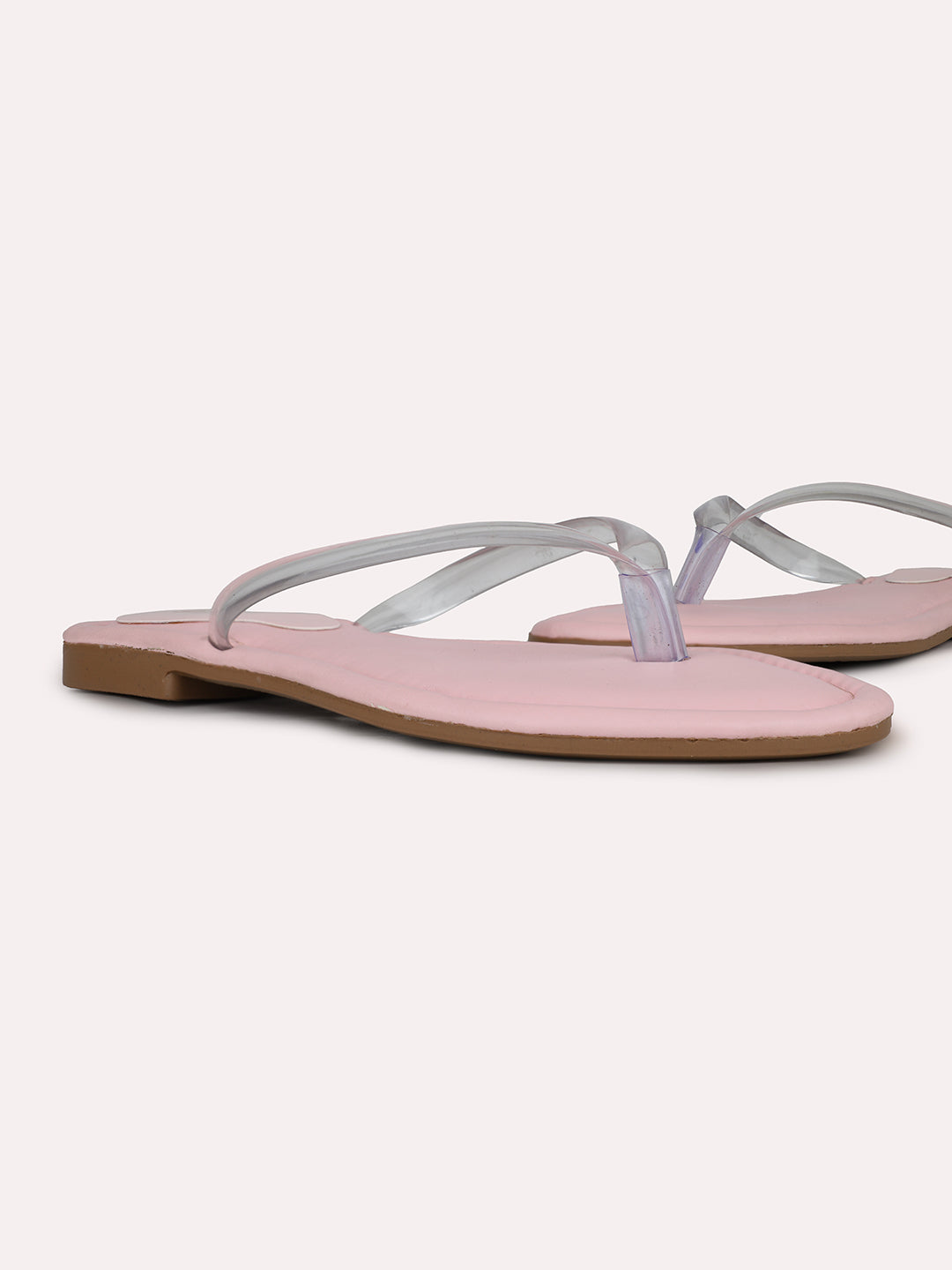 Womens Pink Transparent T-Strap Casual Flat Sandals