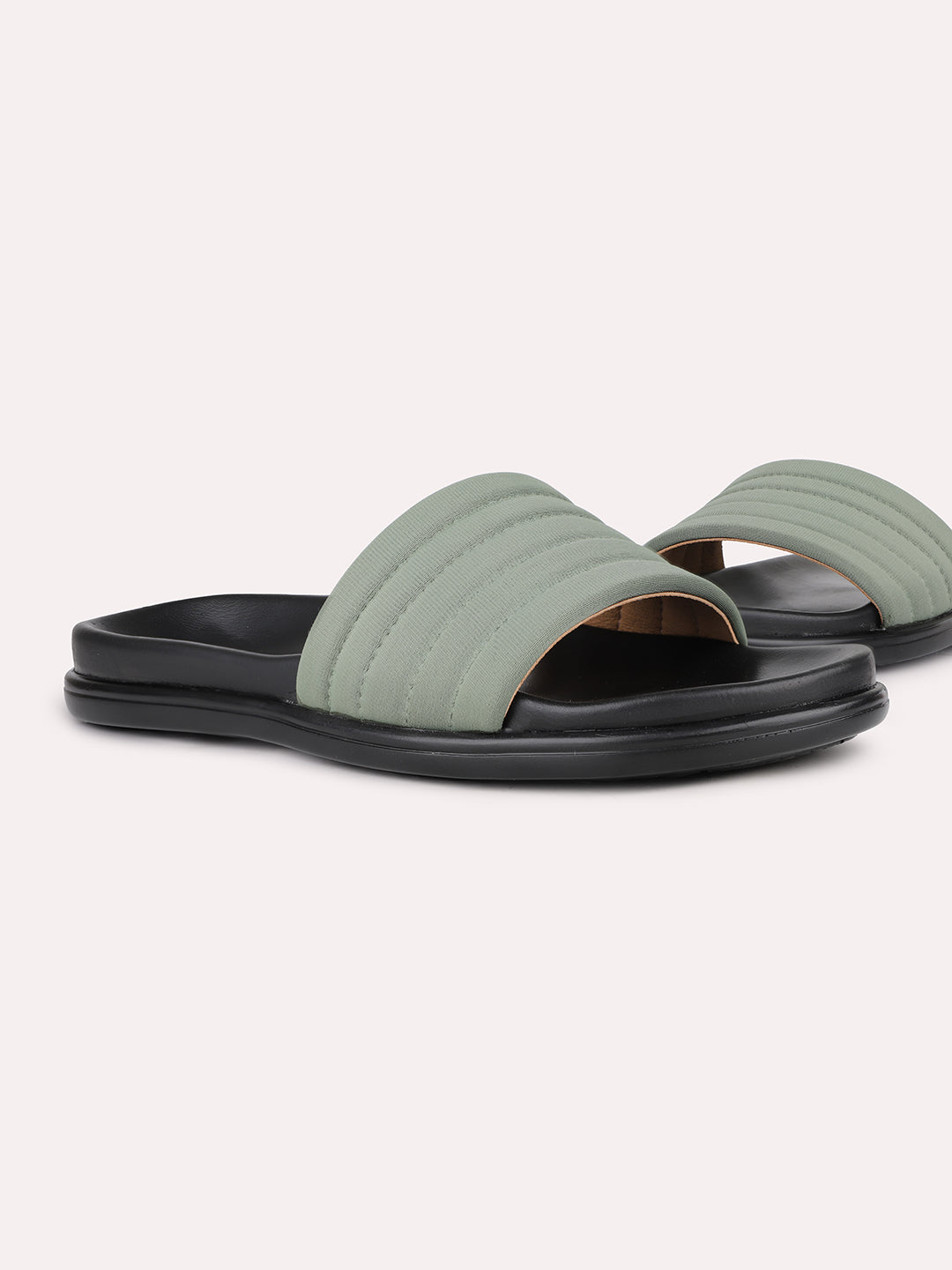 Women Green Casual Solid Open Toe Slip-On Flat Sandals
