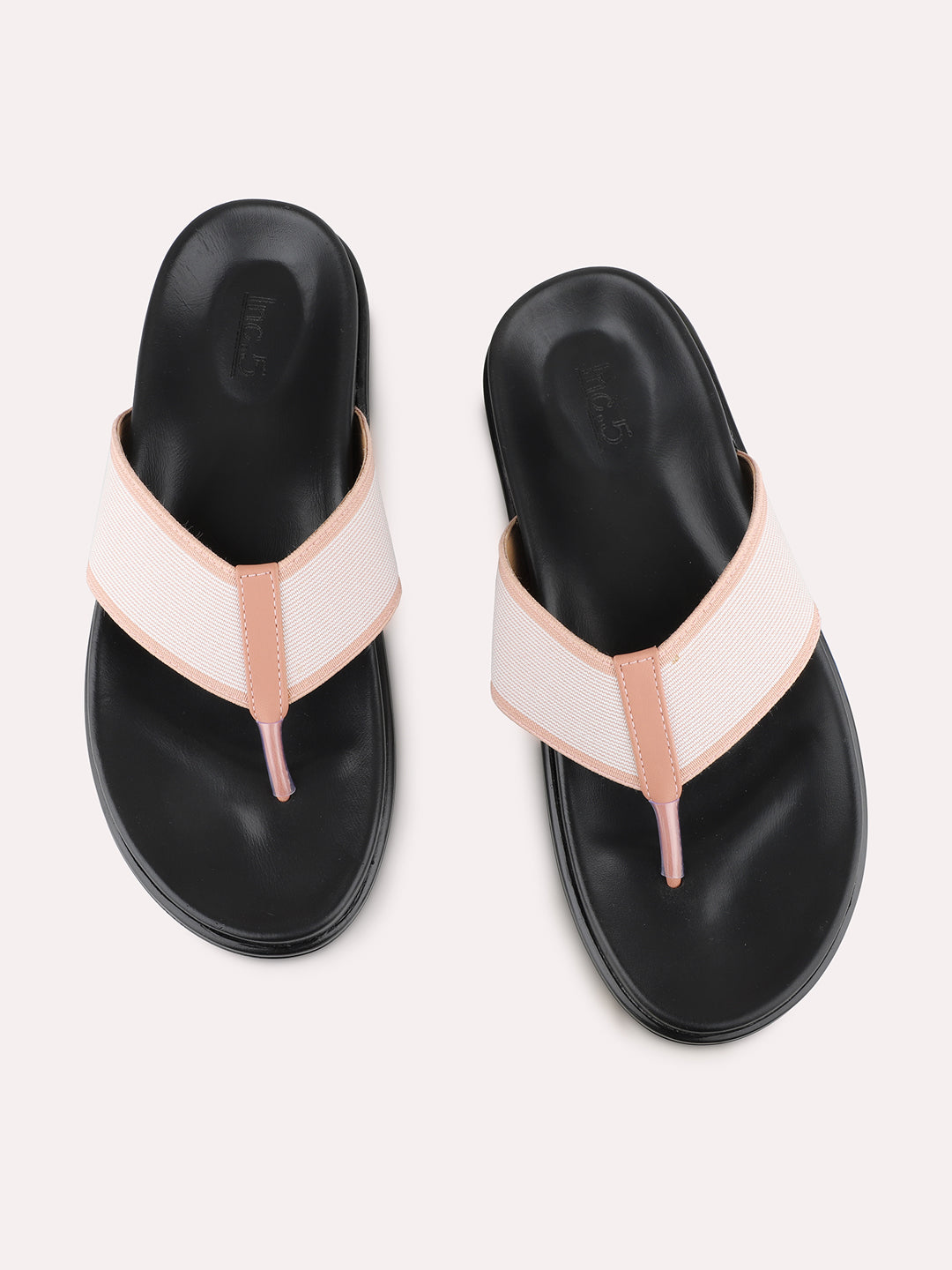 Women Peach Casual Solid T-Strap Slip-On Flat Sandals