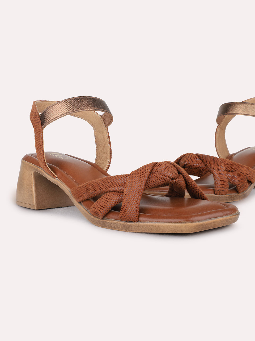 Womens Tan Party Wear Solid Square Toe Block Heel Sandals