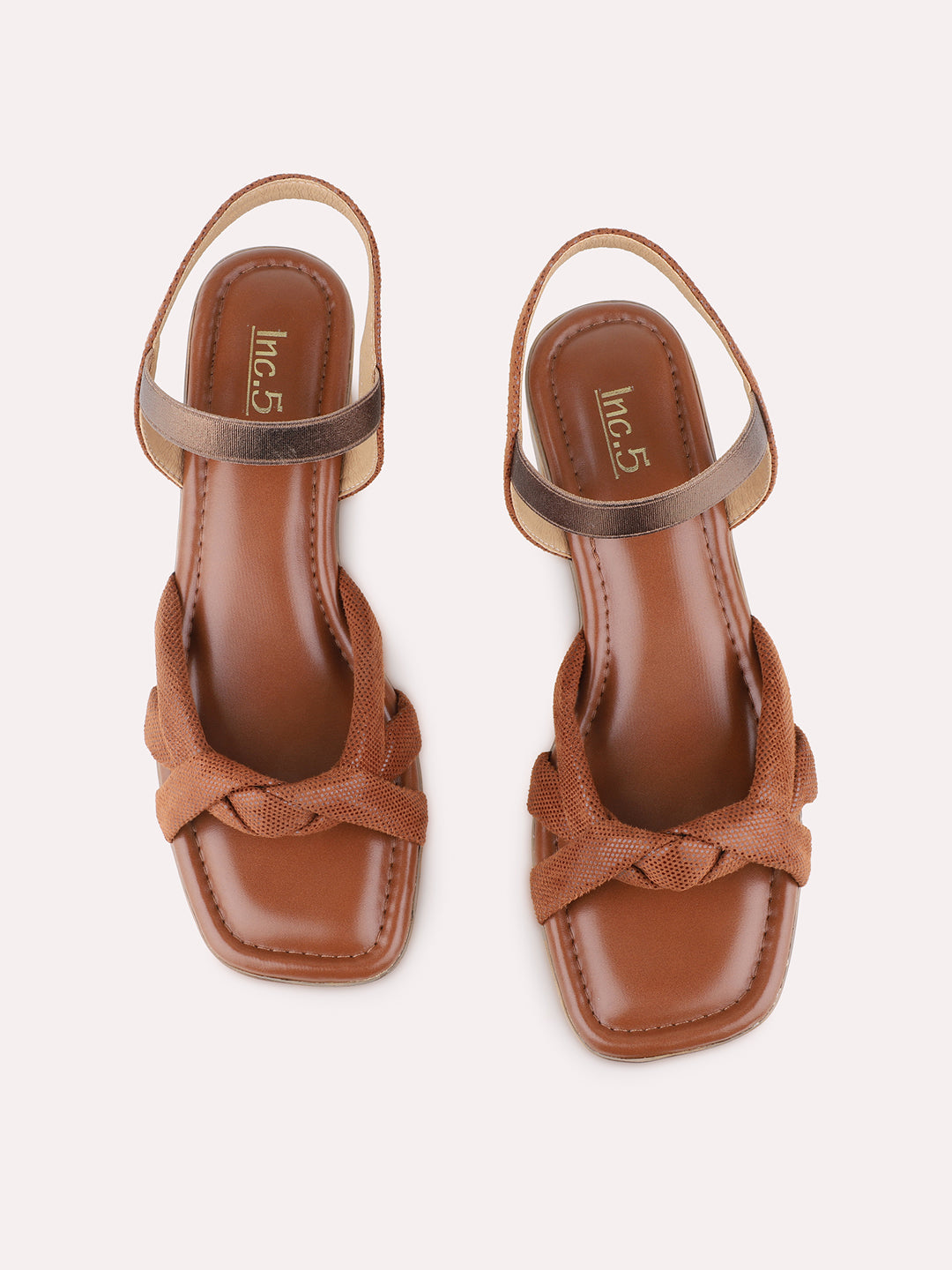 Womens Tan Party Wear Solid Square Toe Block Heel Sandals