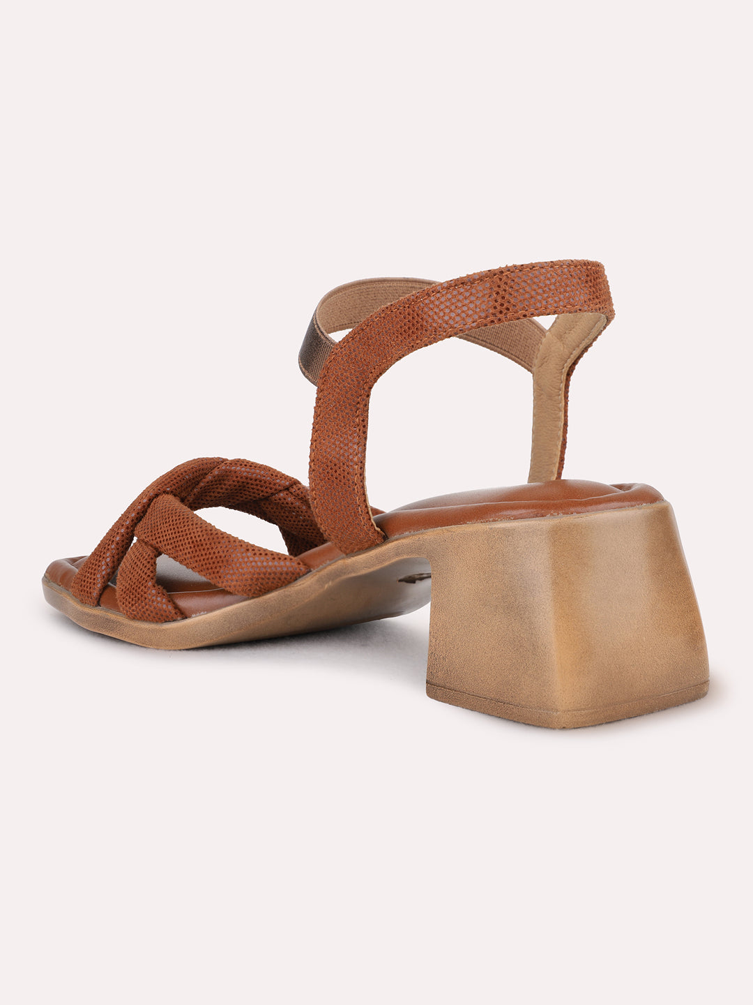 Womens Tan Party Wear Solid Square Toe Block Heel Sandals