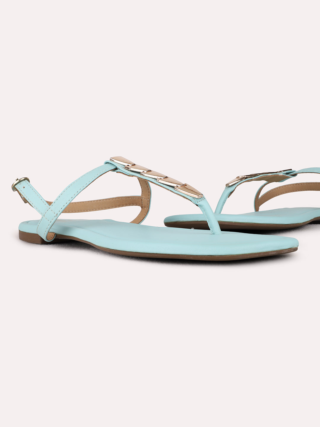 Womens Blue Casual Solid T-Strap Flat Sandals