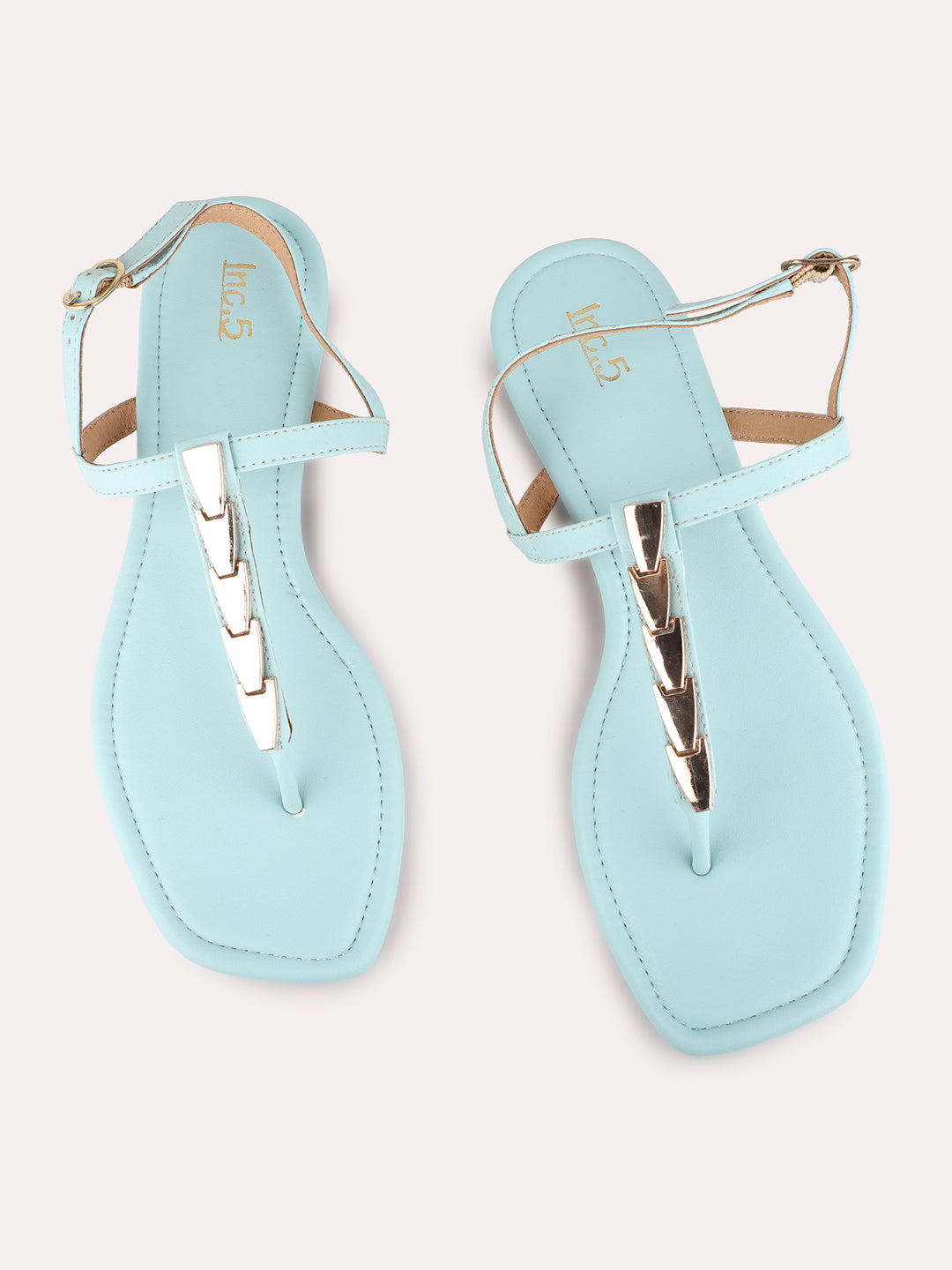 Womens Blue Casual Solid T-Strap Flat Sandals
