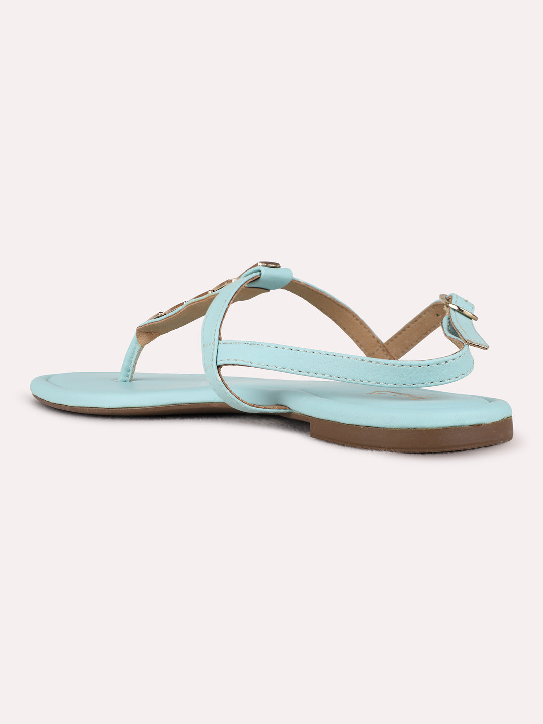 Womens Blue Casual Solid T-Strap Flat Sandals