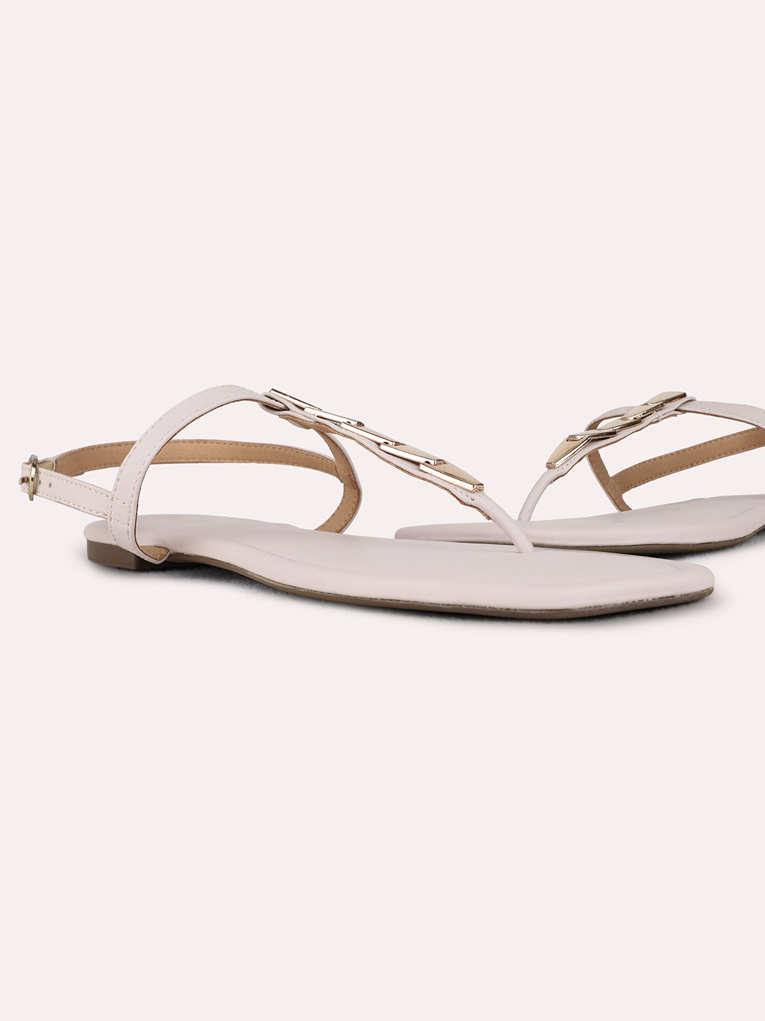 Womens Nude Casual Solid T-Strap Flats