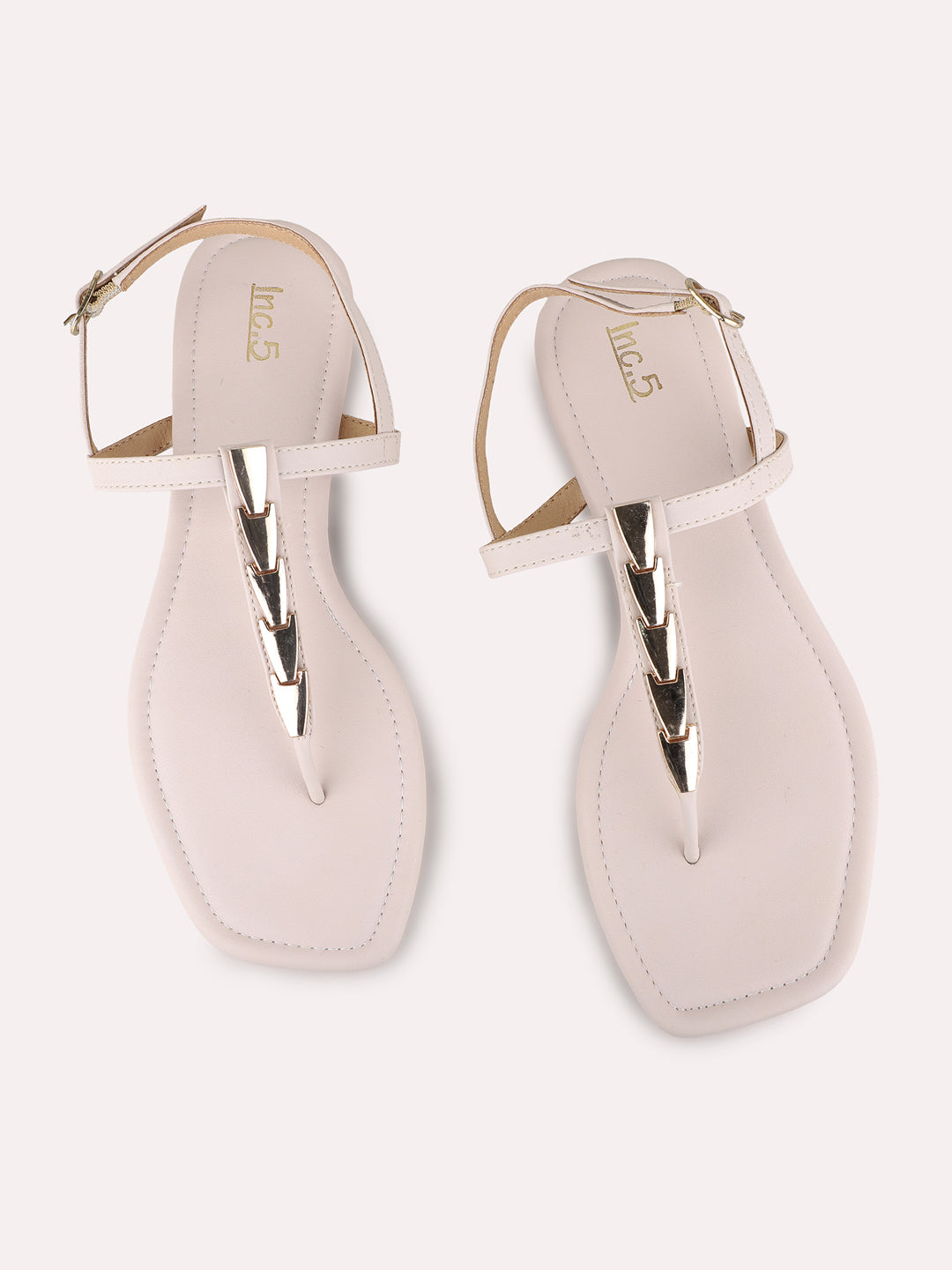 Womens Nude Casual Solid T-Strap Flats