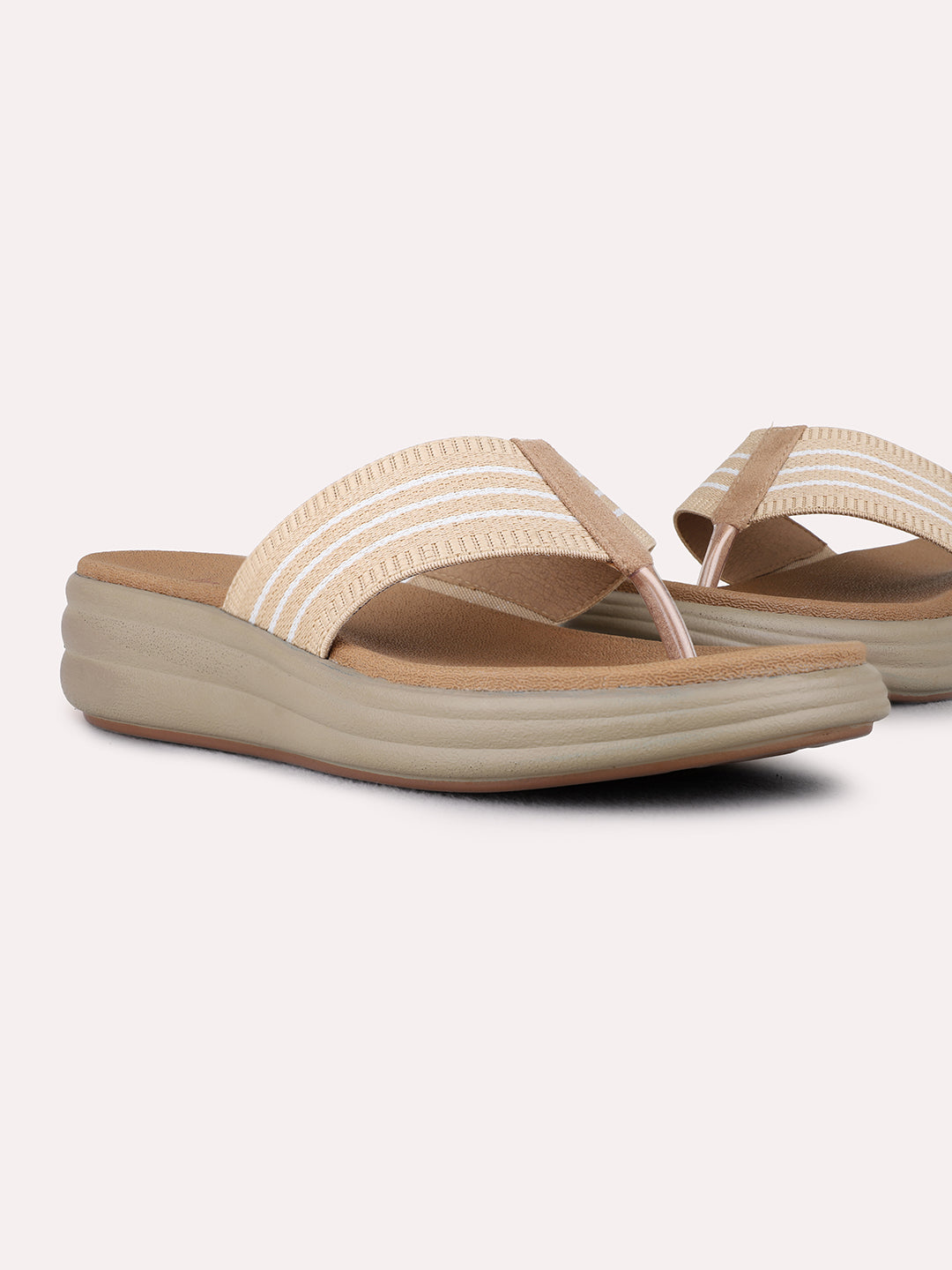 Womens Beige Ethnic Wear Textured T-Strap Flat Sandals