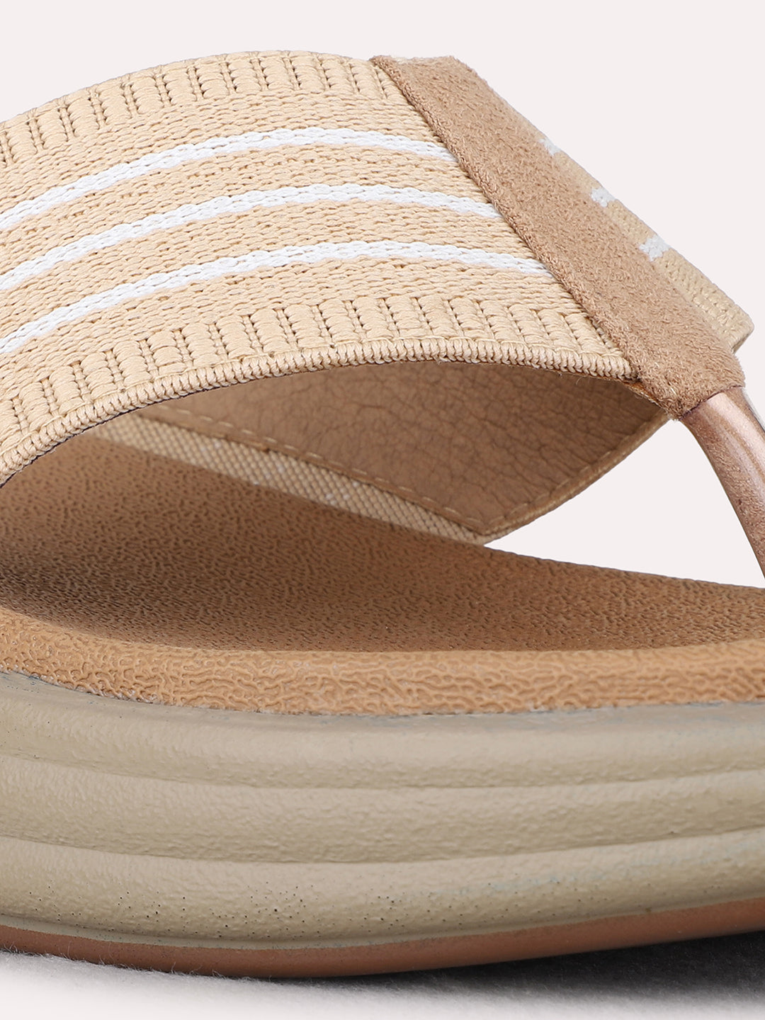 Womens Beige Ethnic Wear Textured T-Strap Flat Sandals