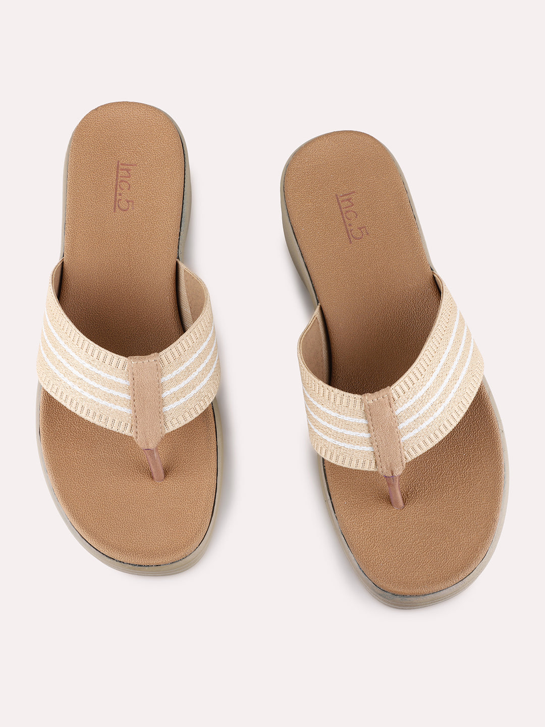 Womens Beige Ethnic Wear Textured T-Strap Flat Sandals