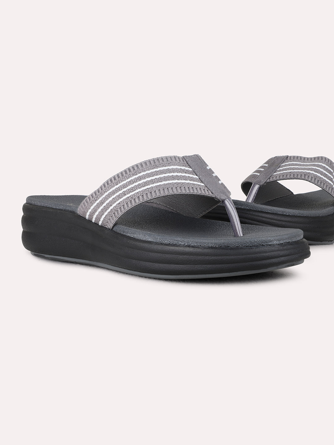 Womens Grey Ethnic Wear Textured T-Strap Flat Sandals