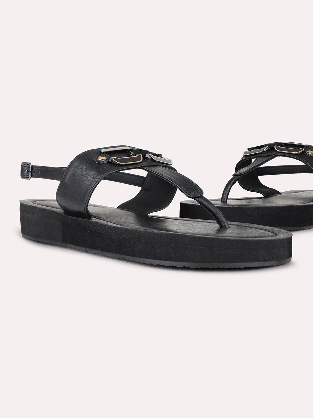 Womens Black Casual Solid T-Strap Sandals