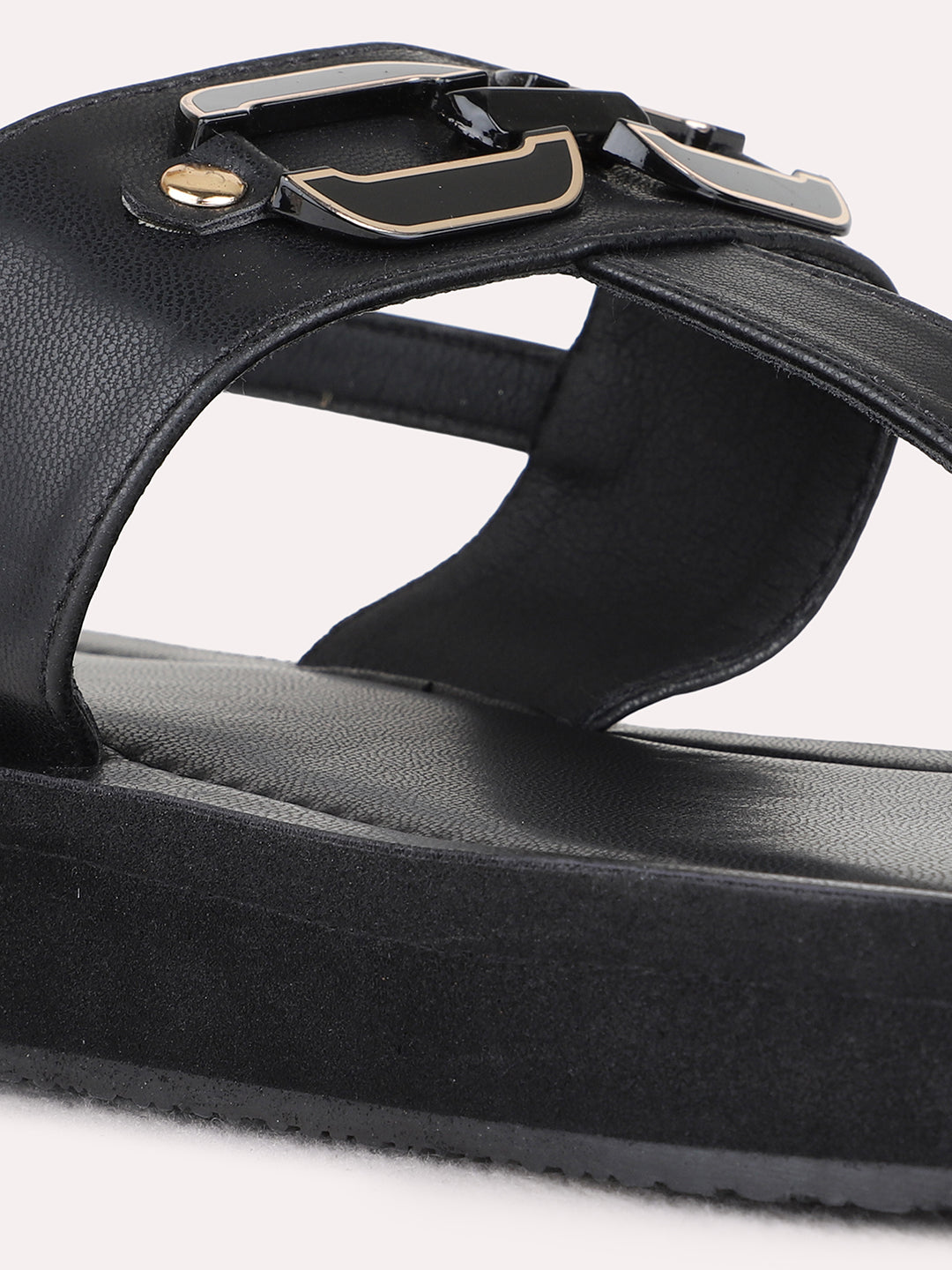 Womens Black Casual Solid T-Strap Sandals