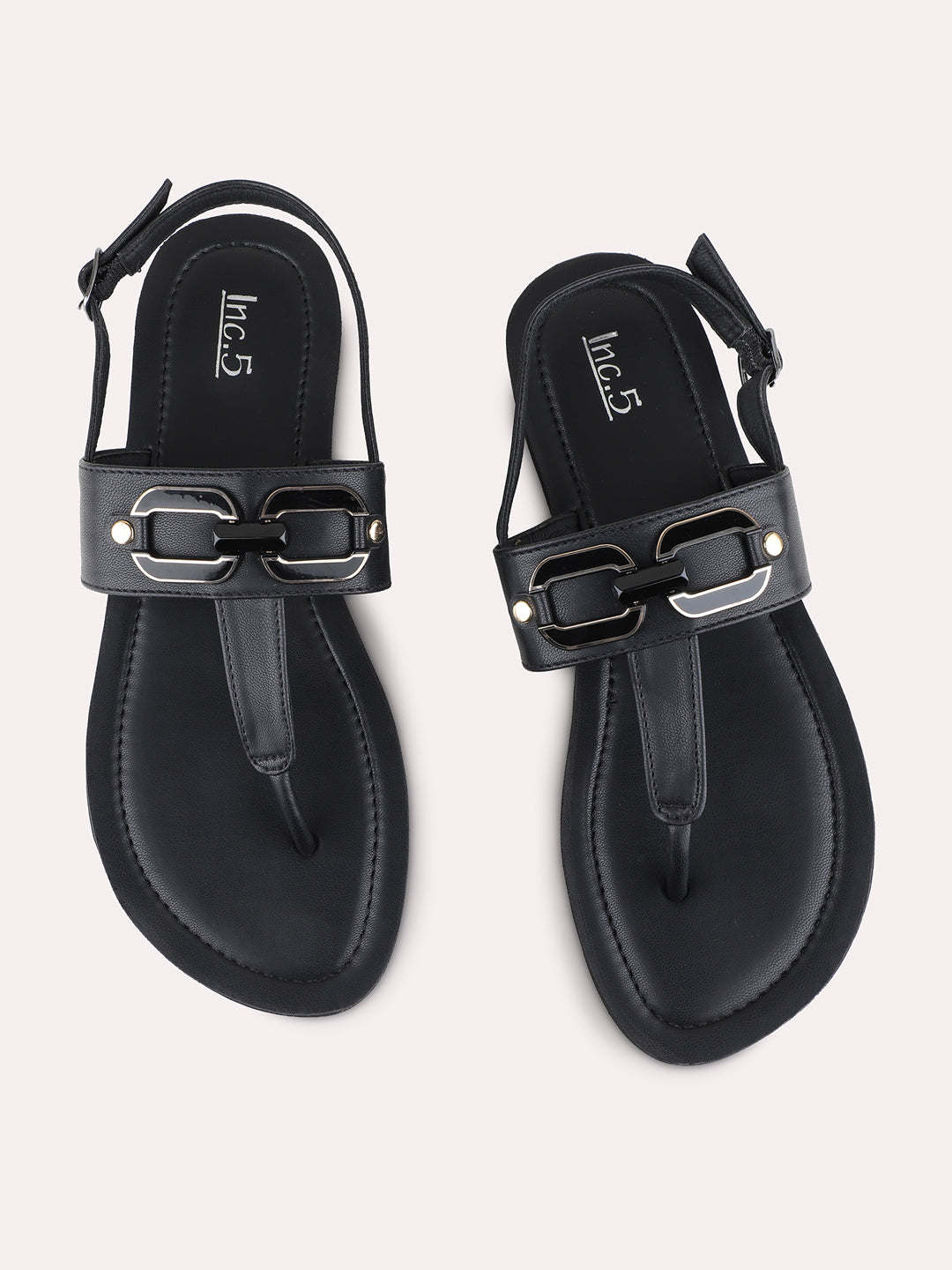 Womens Black Casual Solid T-Strap Sandals