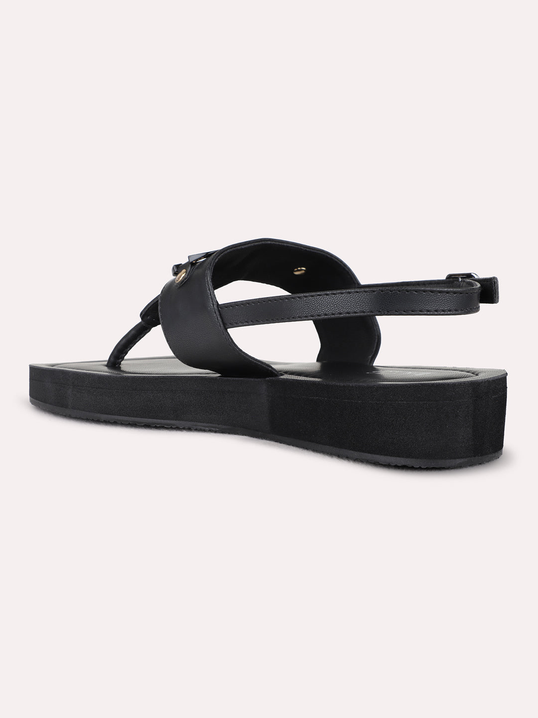 Womens Black Casual Solid T-Strap Sandals