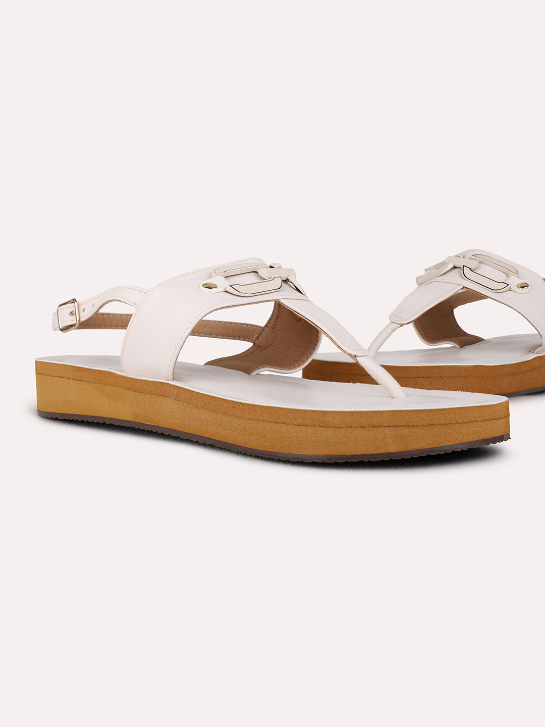 Womens Cream Casual Solid T-Strap Flats