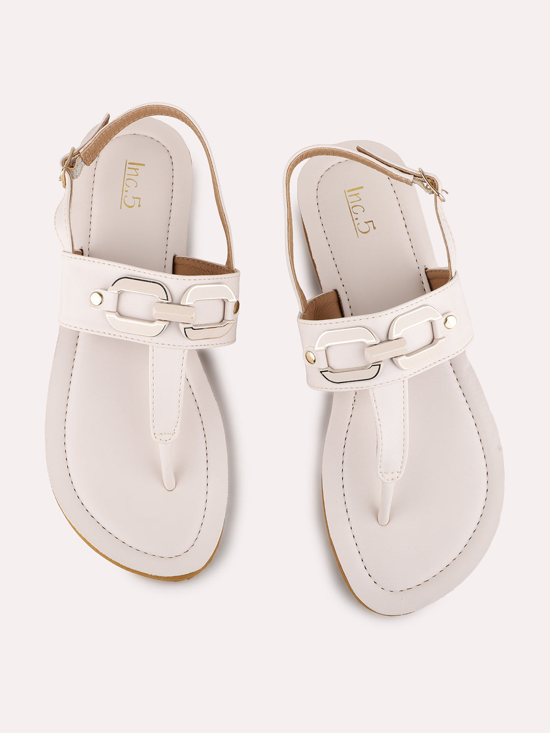 Womens Cream Casual Solid T-Strap Flats