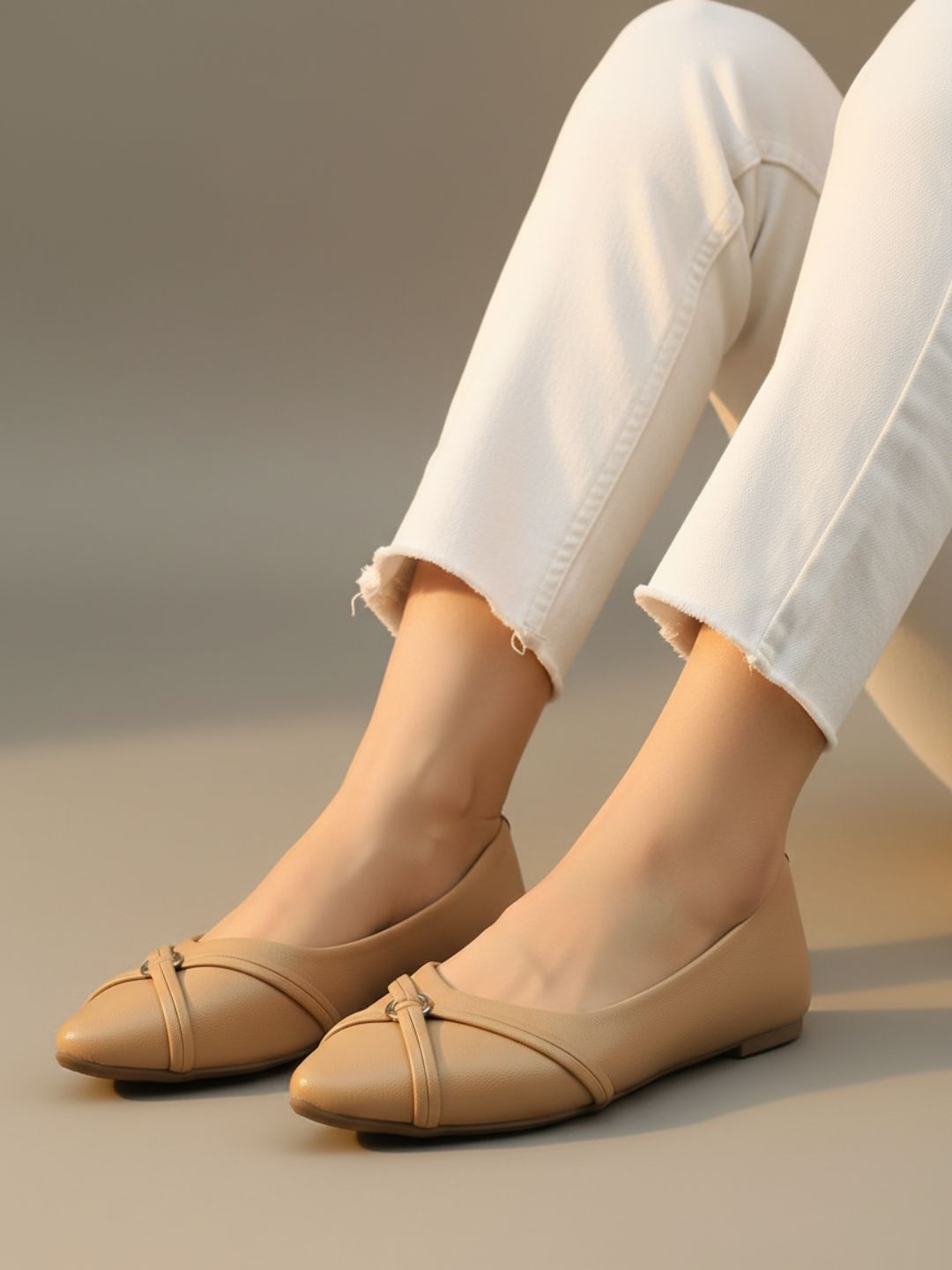 Womens Beige Casual Solid Pattern Pointed Toe Ballerinas