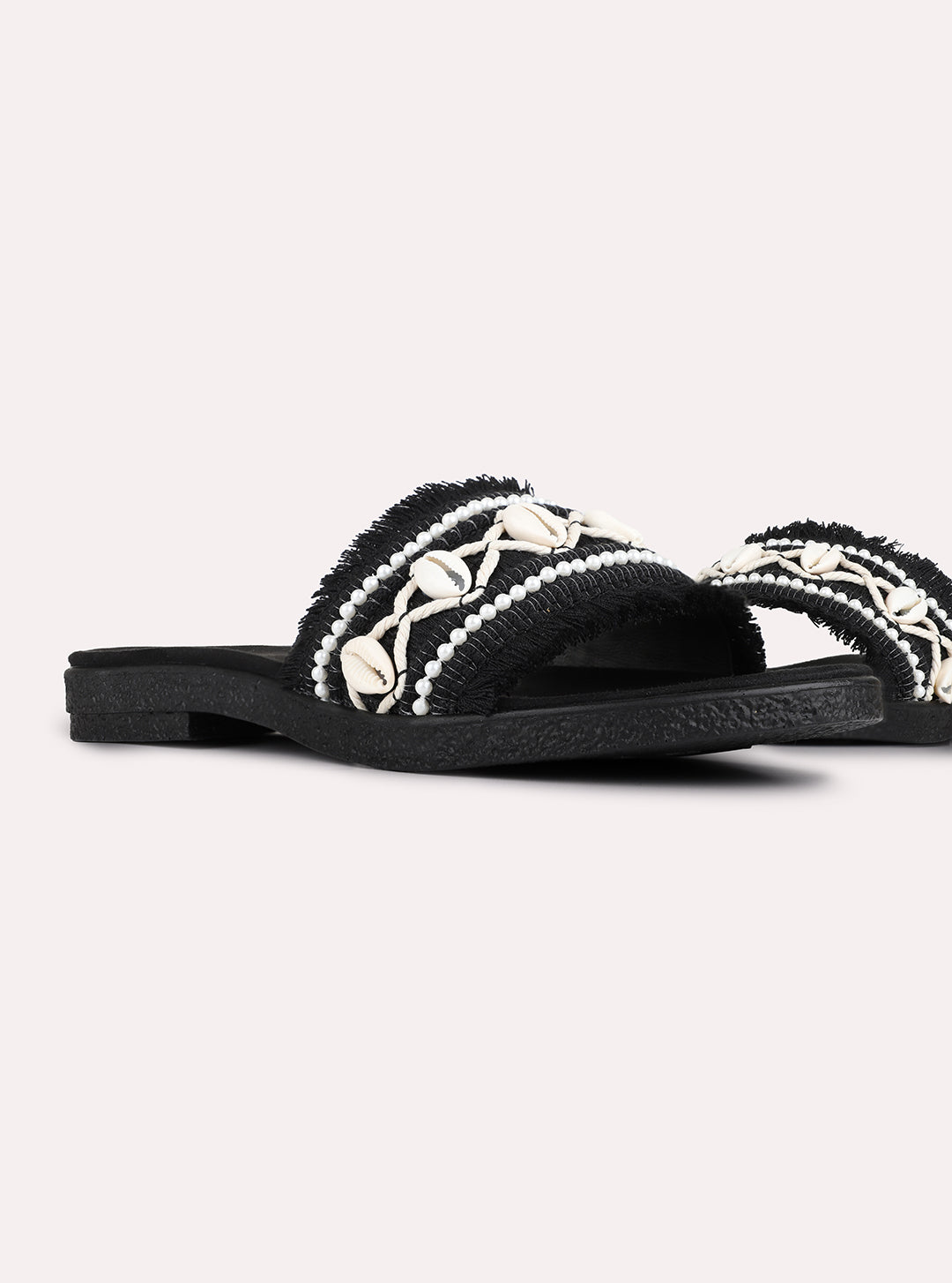 Womens Black Casual Embellished Pattern Open Toe Slip-On Flats