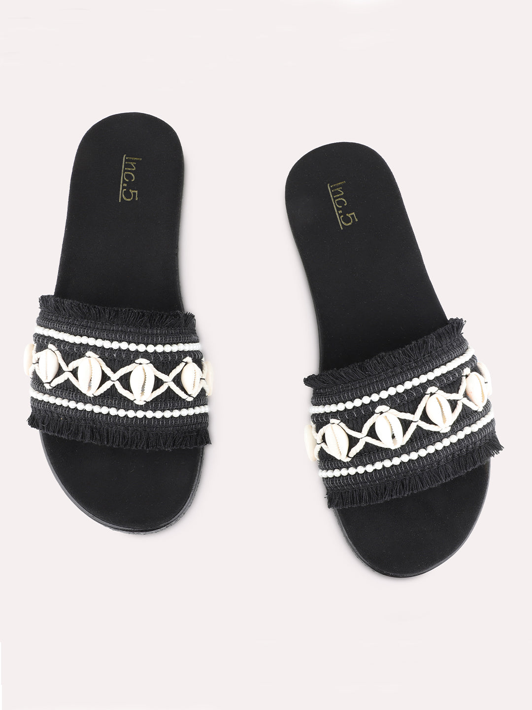 Womens Black Casual Embellished Pattern Open Toe Slip-On Flats