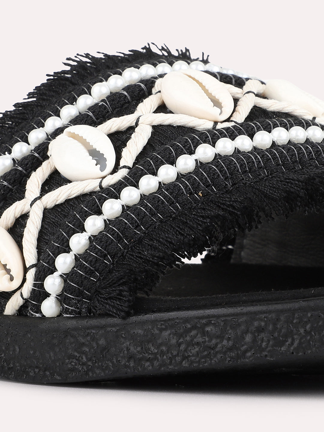 Womens Black Casual Embellished Pattern Open Toe Slip-On Flats