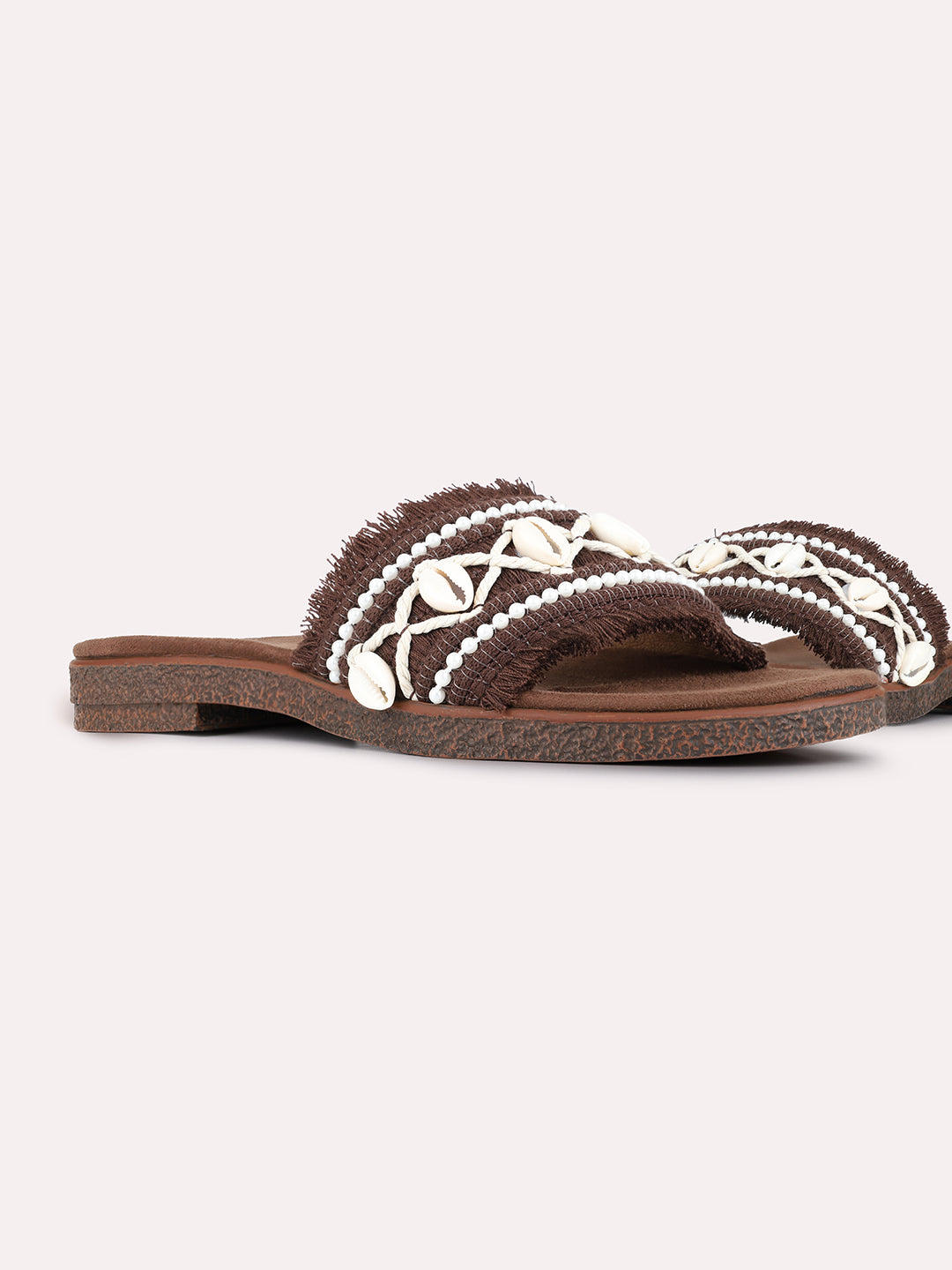 Womens Brown Casual Embellished Open Toe Slip-On Flats