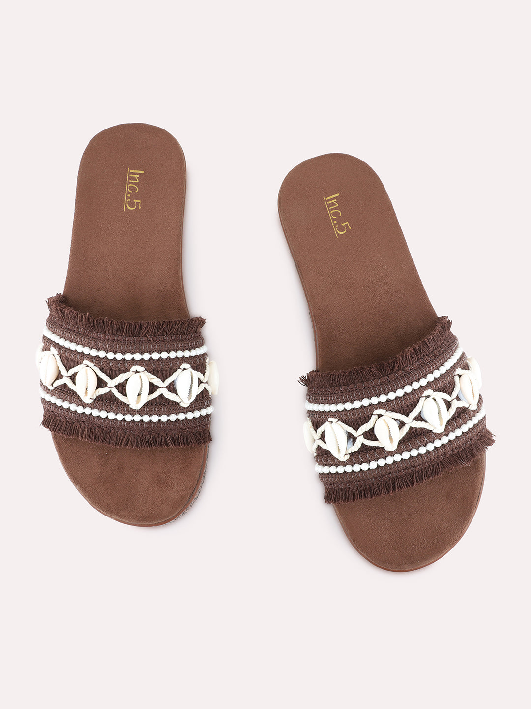 Womens Brown Casual Embellished Open Toe Slip-On Flats