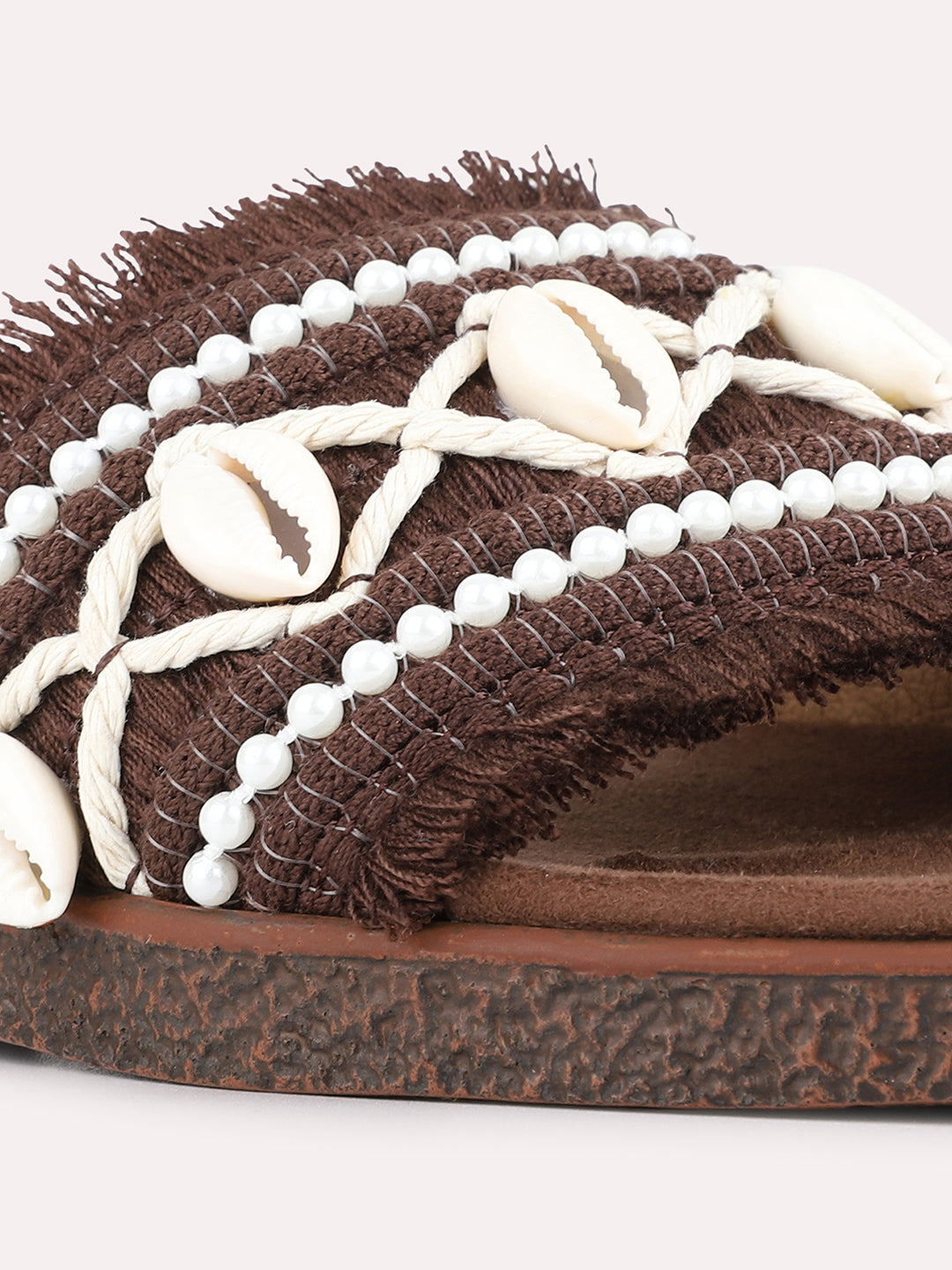 Womens Brown Casual Embellished Open Toe Slip-On Flats