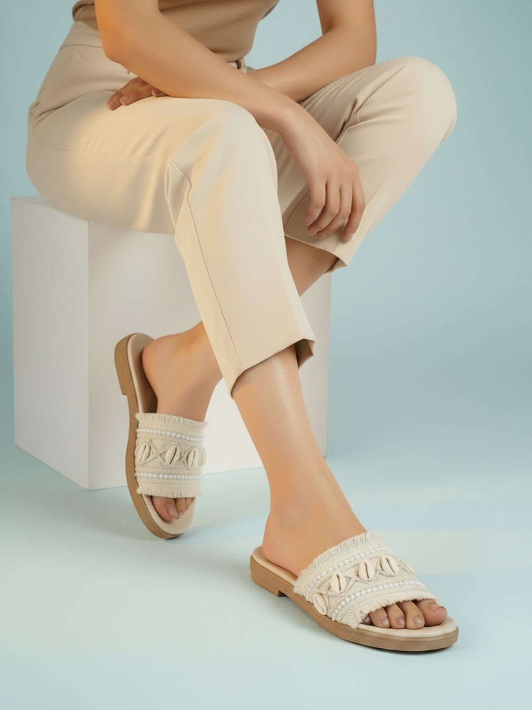 Womens Cream Casual Embellished Open Toe Slip-On Flats