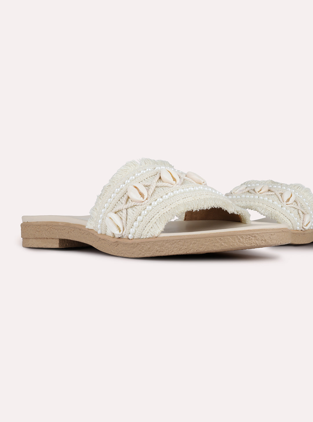 Womens Cream Casual Embellished Open Toe Slip-On Flats