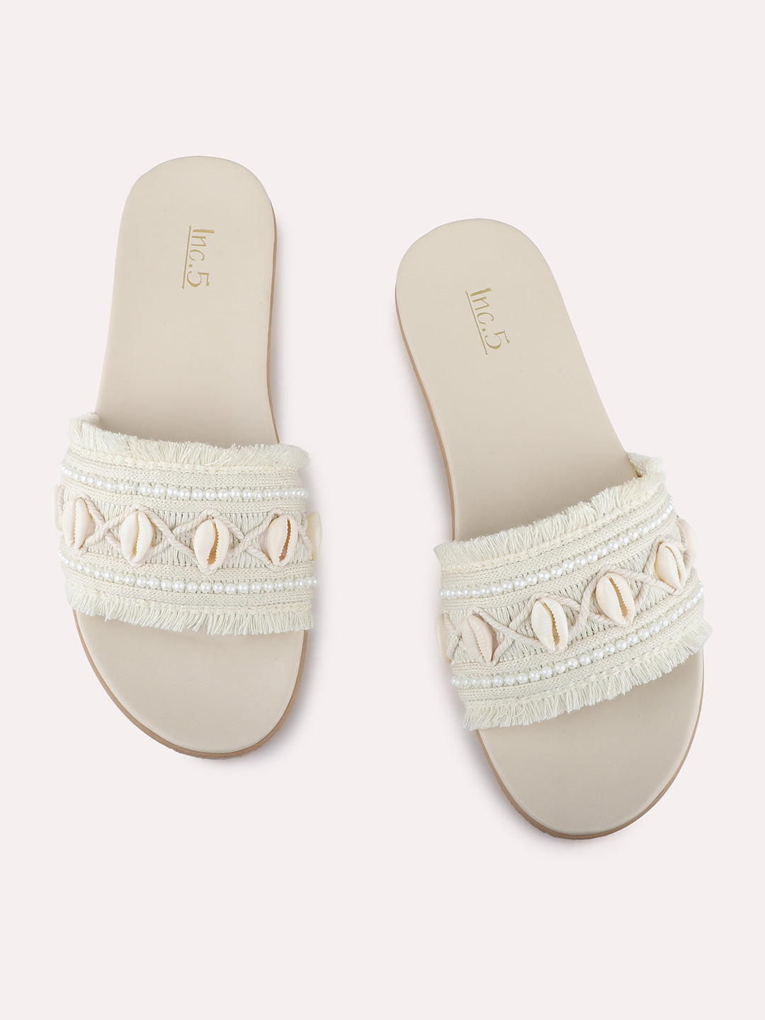 Womens Cream Casual Embellished Open Toe Slip-On Flats