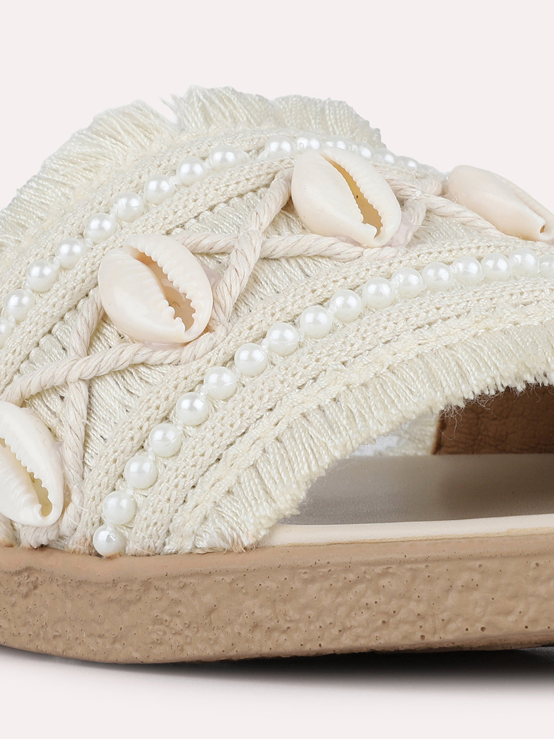 Womens Cream Casual Embellished Open Toe Slip-On Flats