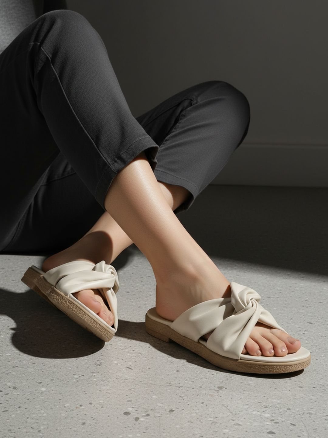 Womens CreamSolid Casual Open Toe Slip-On Flats
