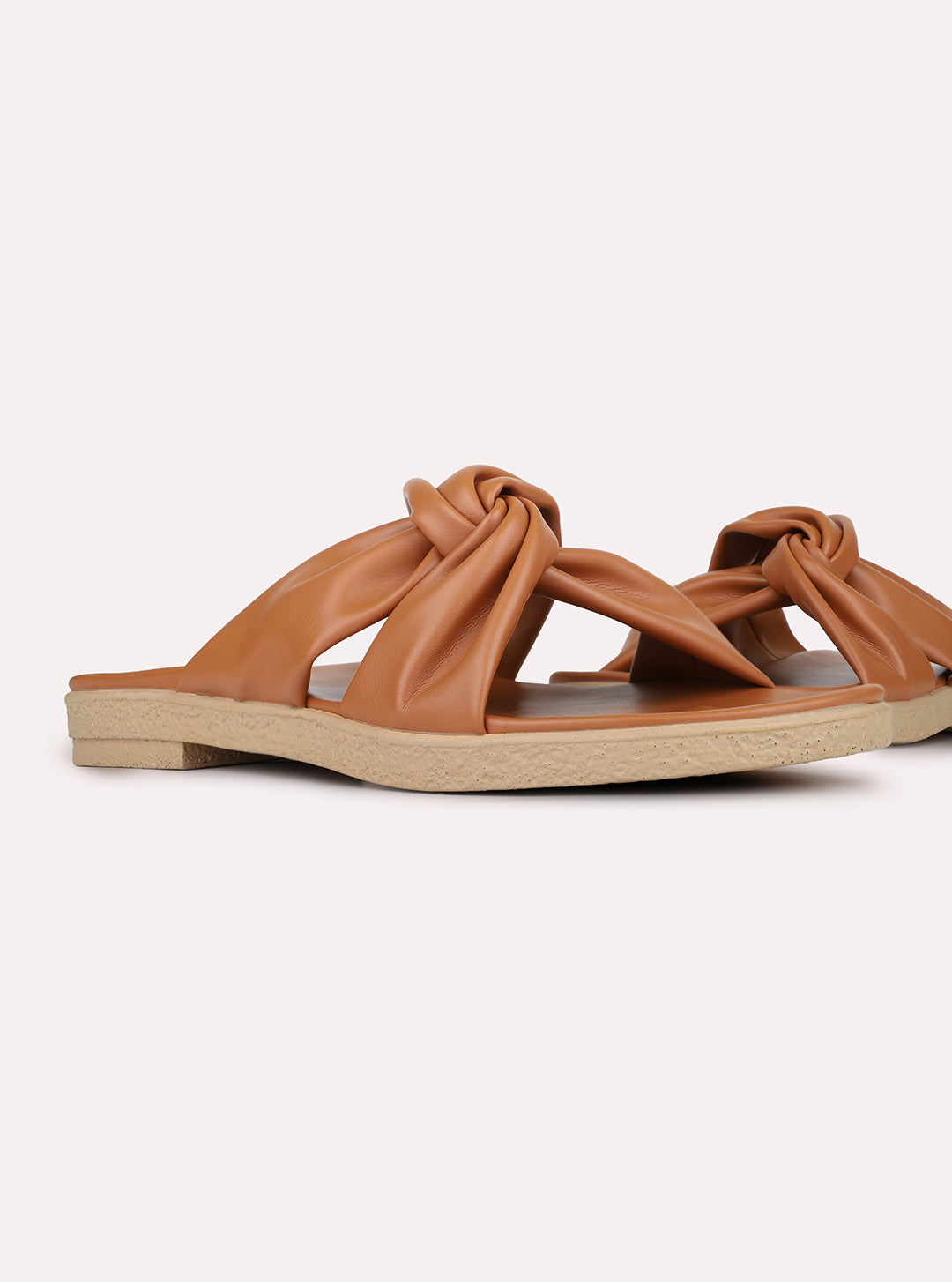 Womens Tan Solid Pattern Casual Open Toe Flat Slip-Ons