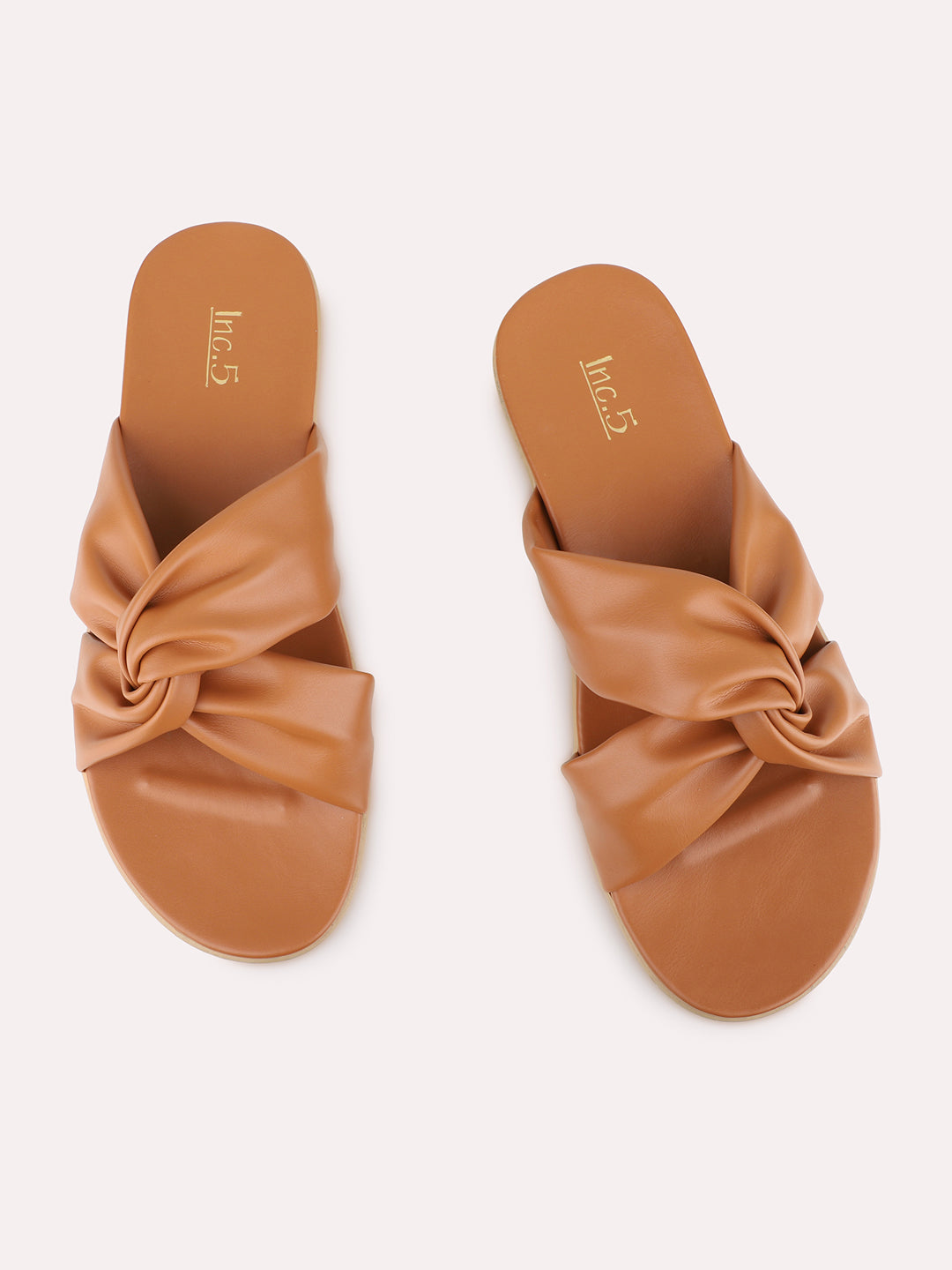 Womens Tan Solid Pattern Casual Open Toe Flat Slip-Ons