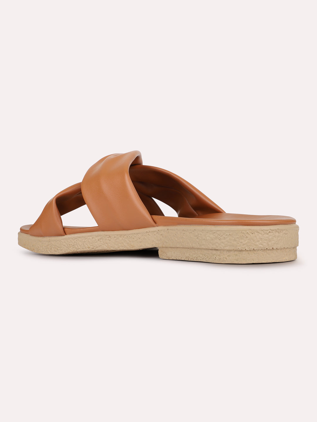 Womens Tan Solid Pattern Casual Open Toe Flat Slip-Ons