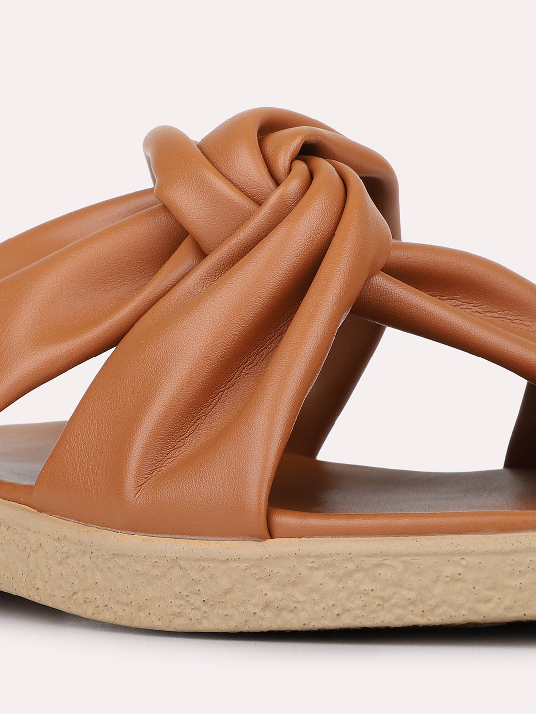 Womens Tan Solid Pattern Casual Open Toe Flat Slip-Ons