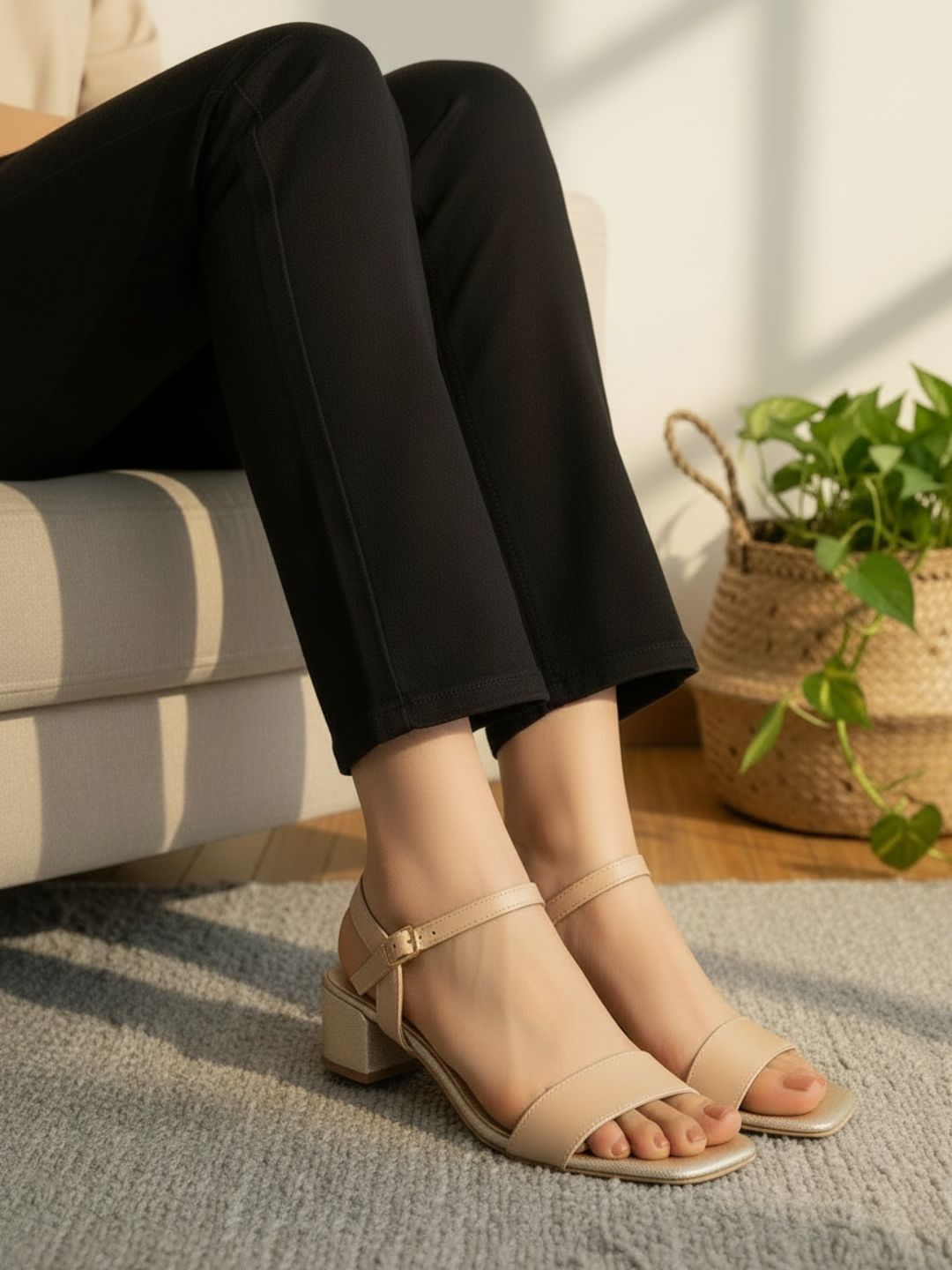 Womens Beige Casual Solid Pattern Square Toe Block Heels